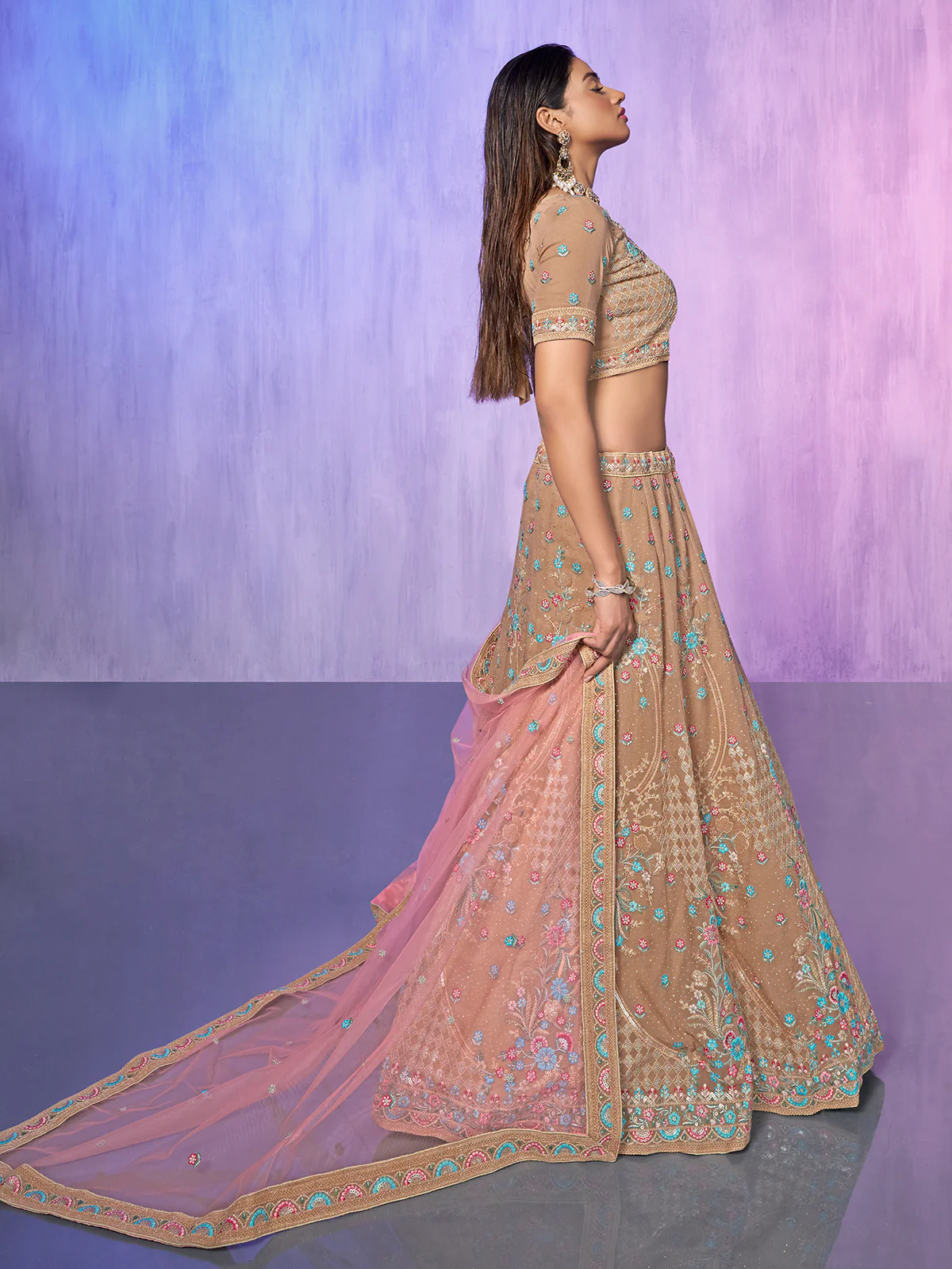 Odette Beige Embroidered Georgette Semi Stitched Lehenga With Unstitched Blouse For Women - Image 3