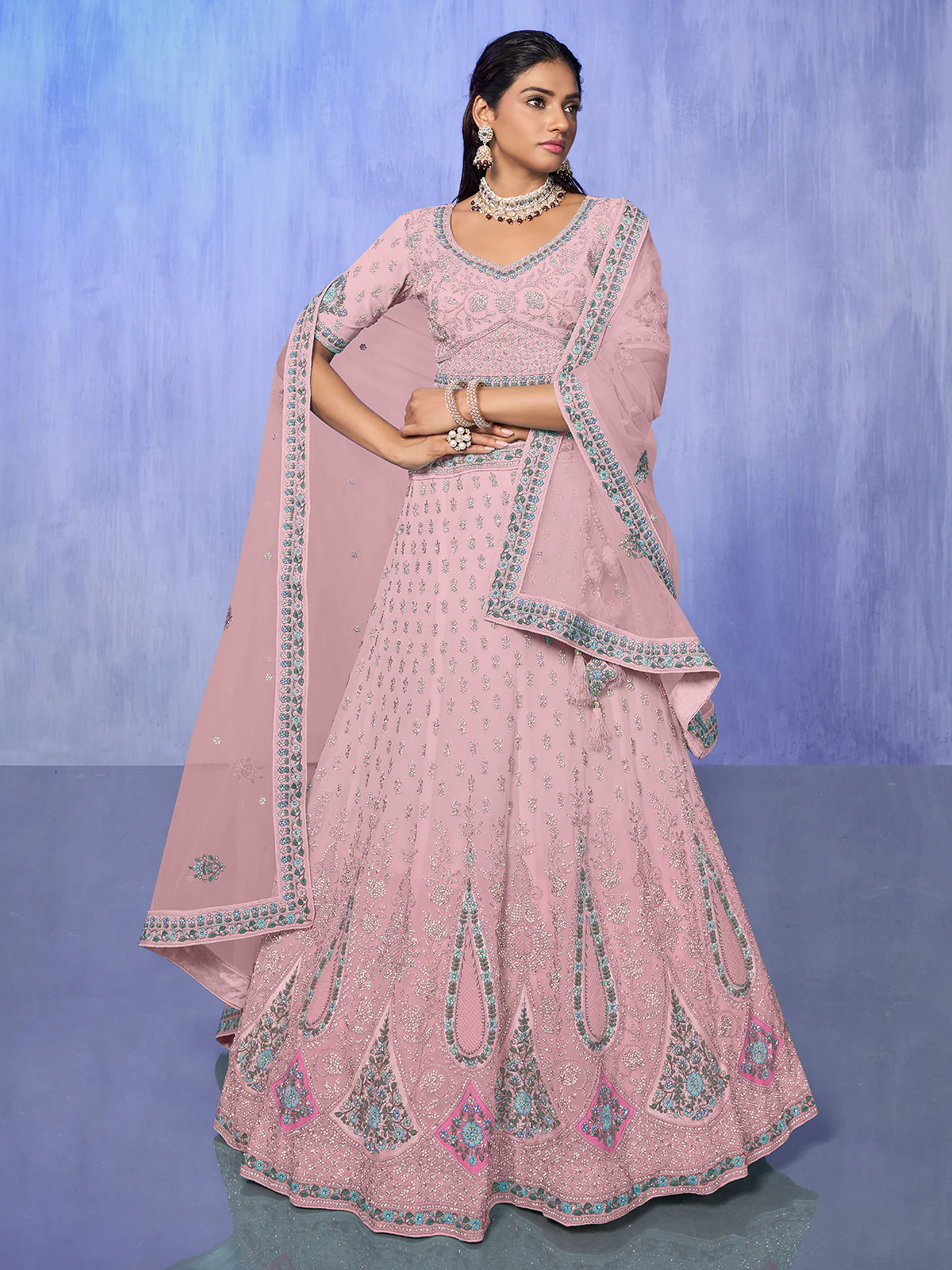Odette Pink Embroidered Georgette Semi Stitched Lehenga With Unstitched Blouse  For Women - Image 2