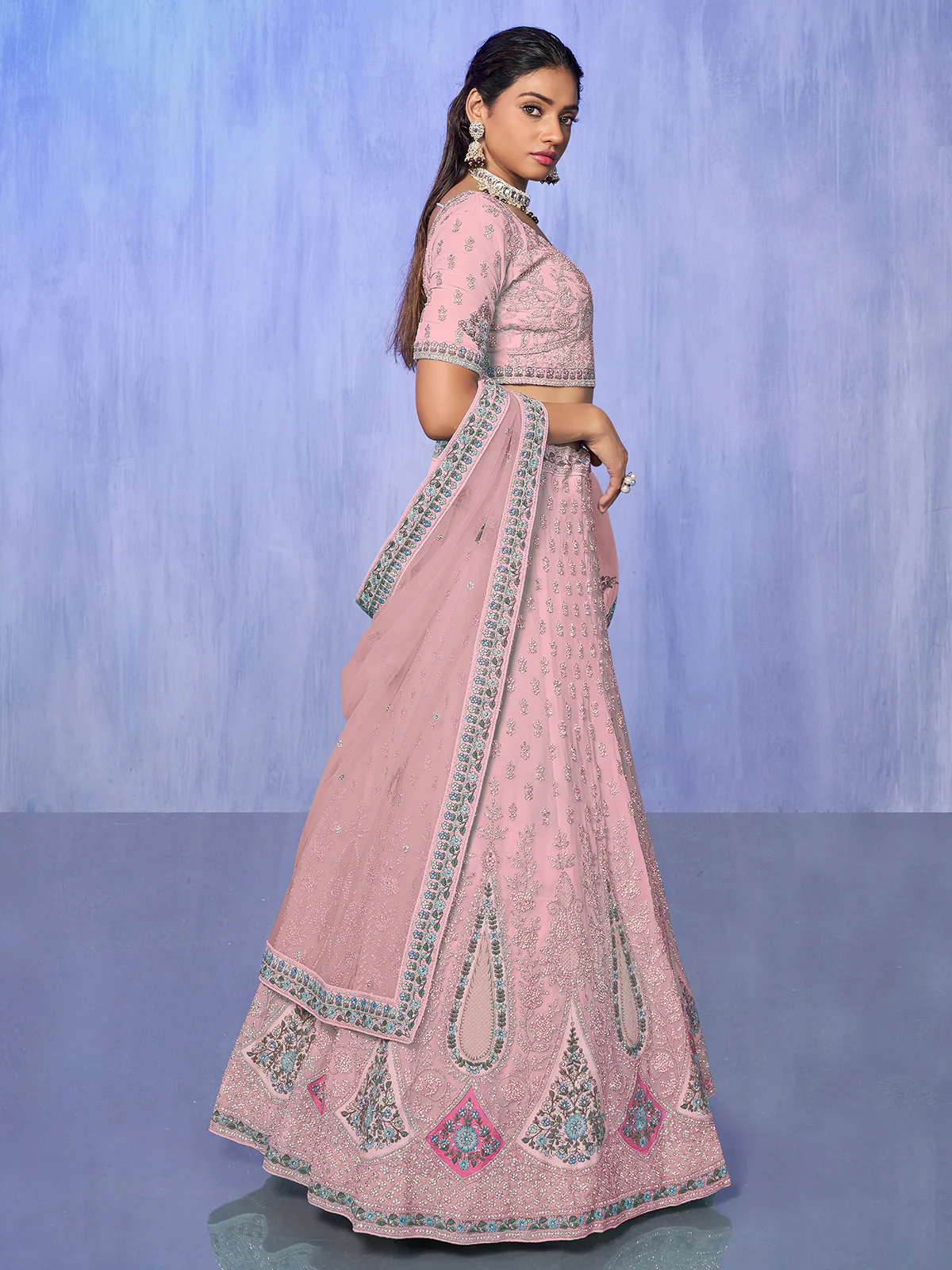 Odette Pink Embroidered Georgette Semi Stitched Lehenga With Unstitched Blouse  For Women - Image 3