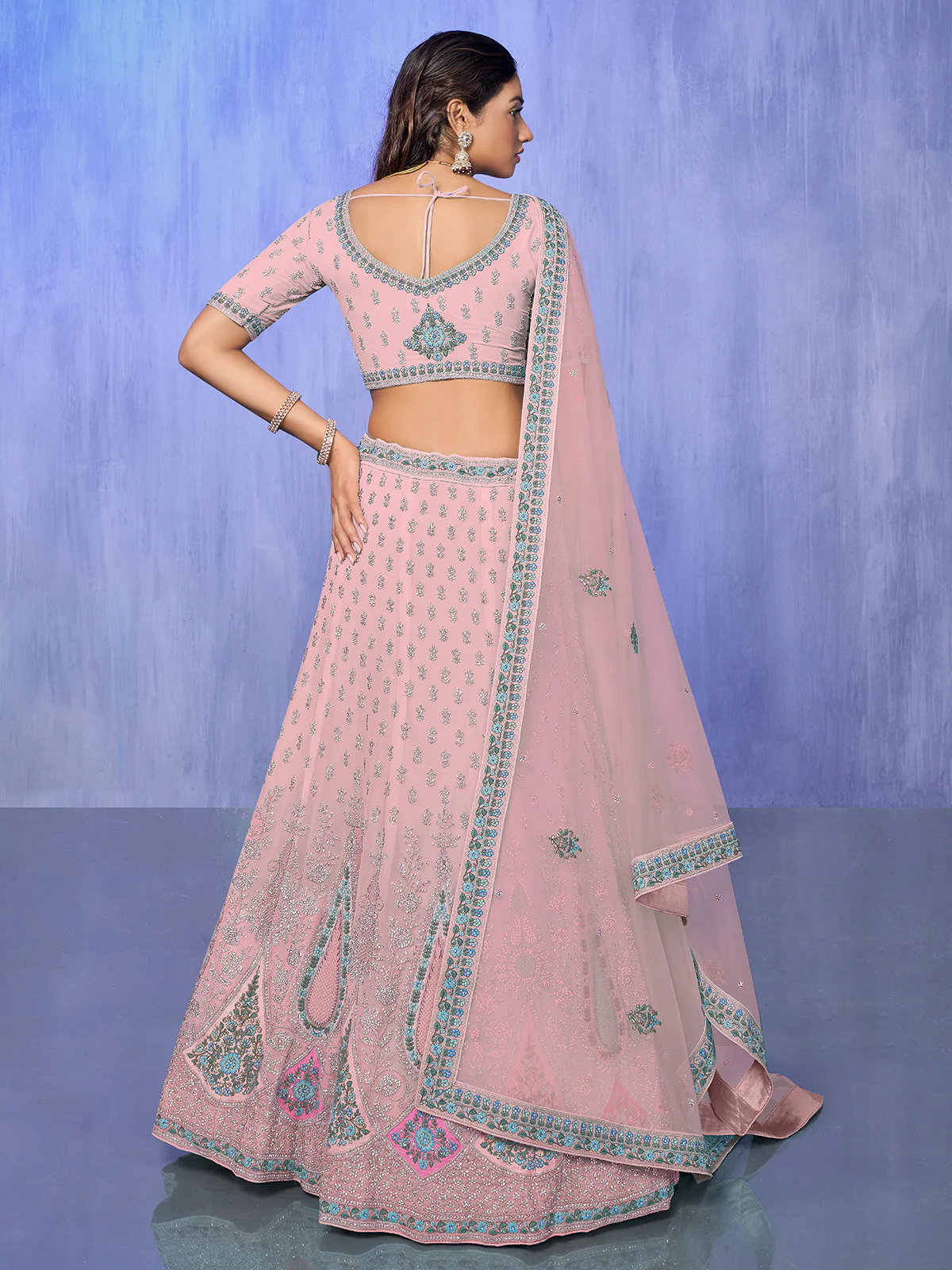 Odette Pink Embroidered Georgette Semi Stitched Lehenga With Unstitched Blouse  For Women - Image 4