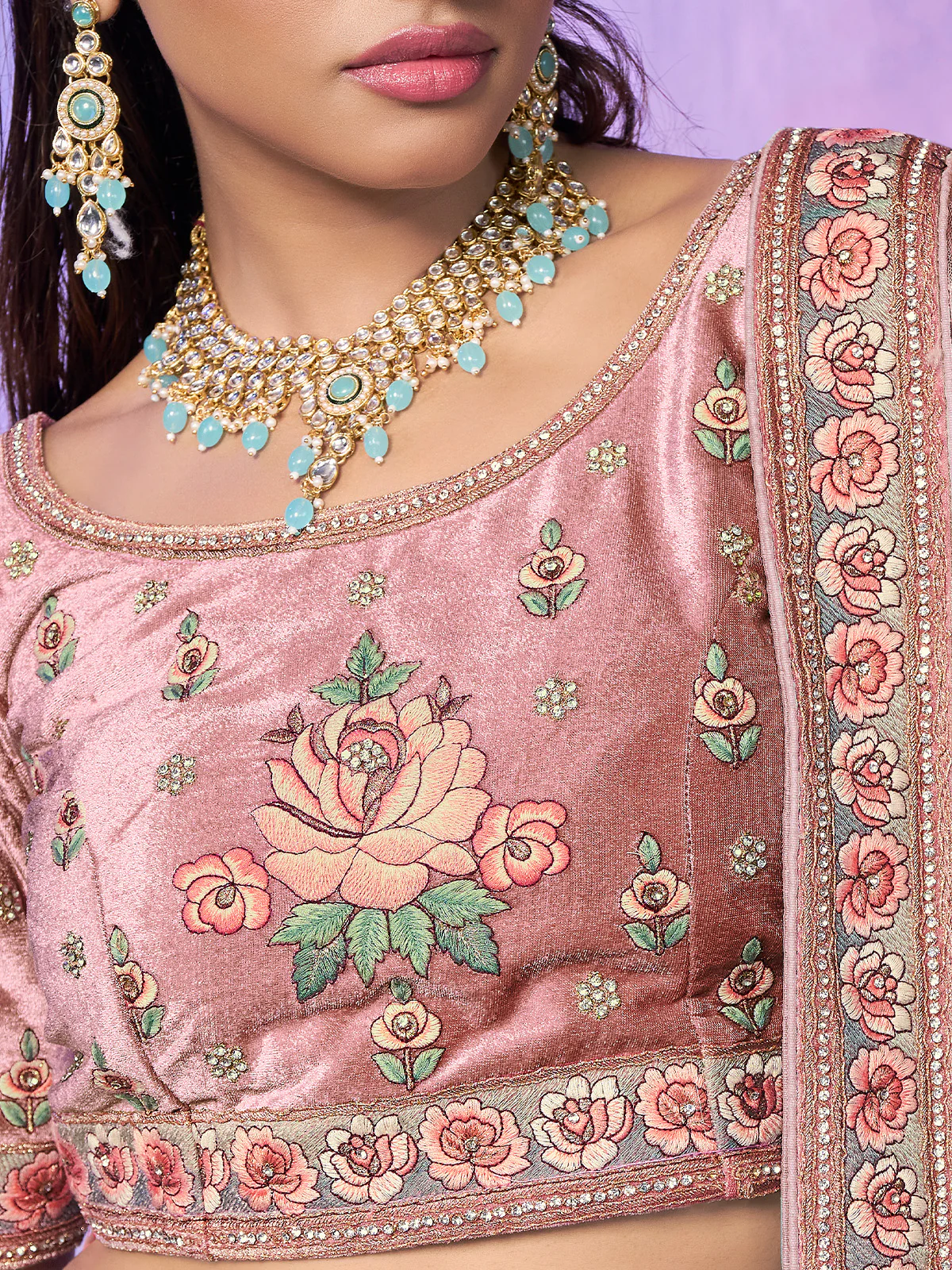 Odette Peach Embroidered Georgette Semi Stitched Lehenga With Unstitched Blouse For Women - Image 5