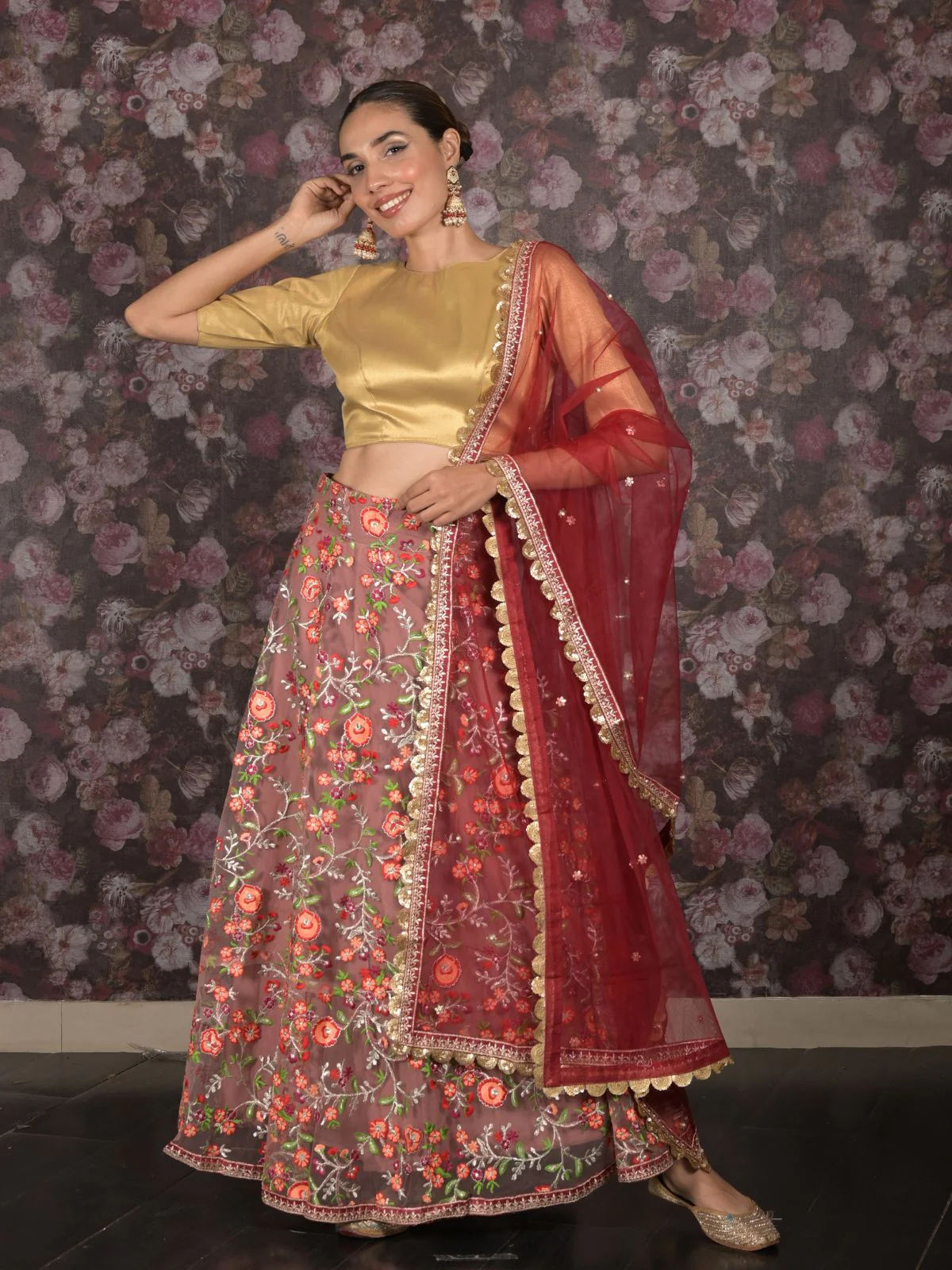 Odette Mauve Embroidered Semi Stitched Net Lehenga With Unstitched Blouse For Women - Image 2