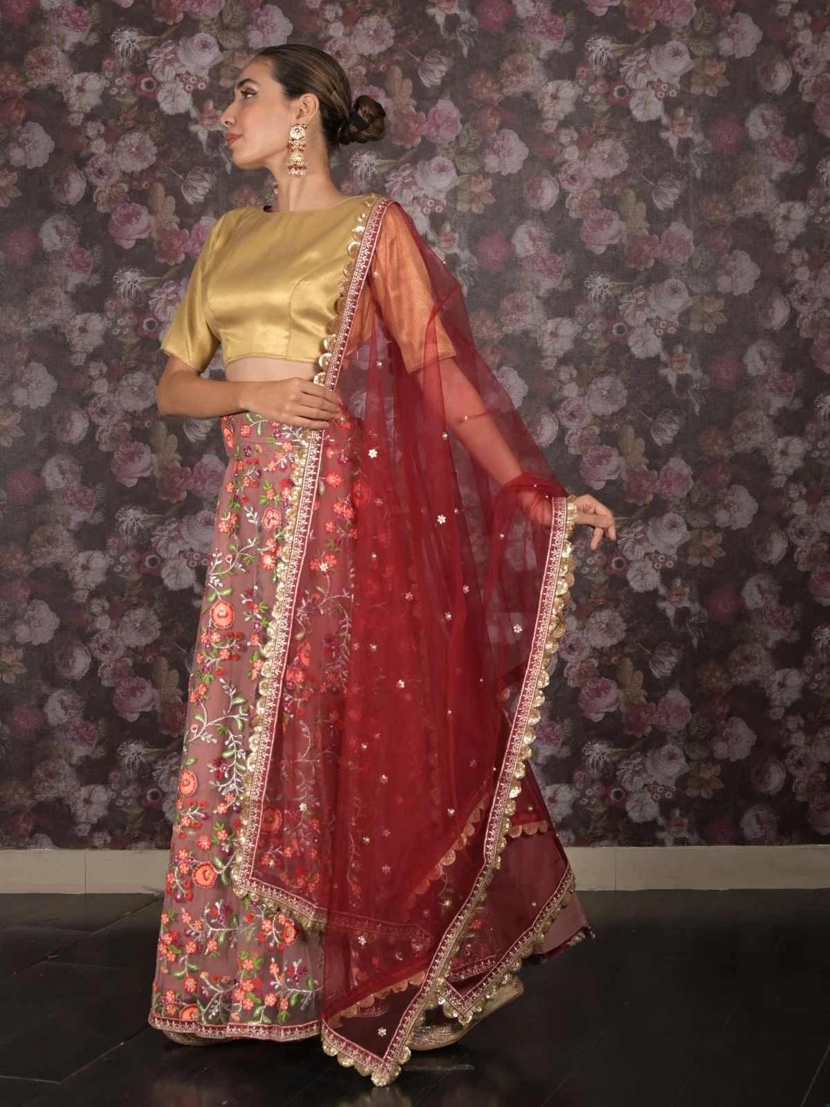 Odette Mauve Embroidered Semi Stitched Net Lehenga With Unstitched Blouse For Women - Image 3
