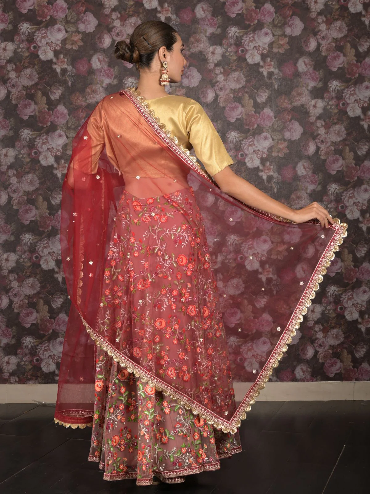 Odette Mauve Embroidered Semi Stitched Net Lehenga With Unstitched Blouse For Women - Image 4