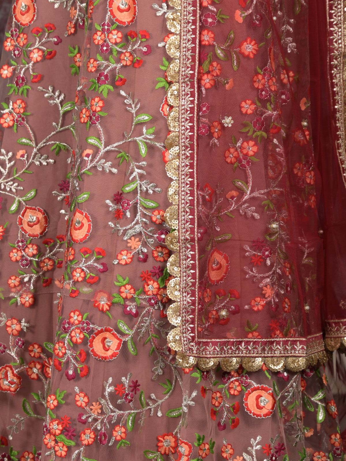 Odette Mauve Embroidered Semi Stitched Net Lehenga With Unstitched Blouse For Women - Image 5