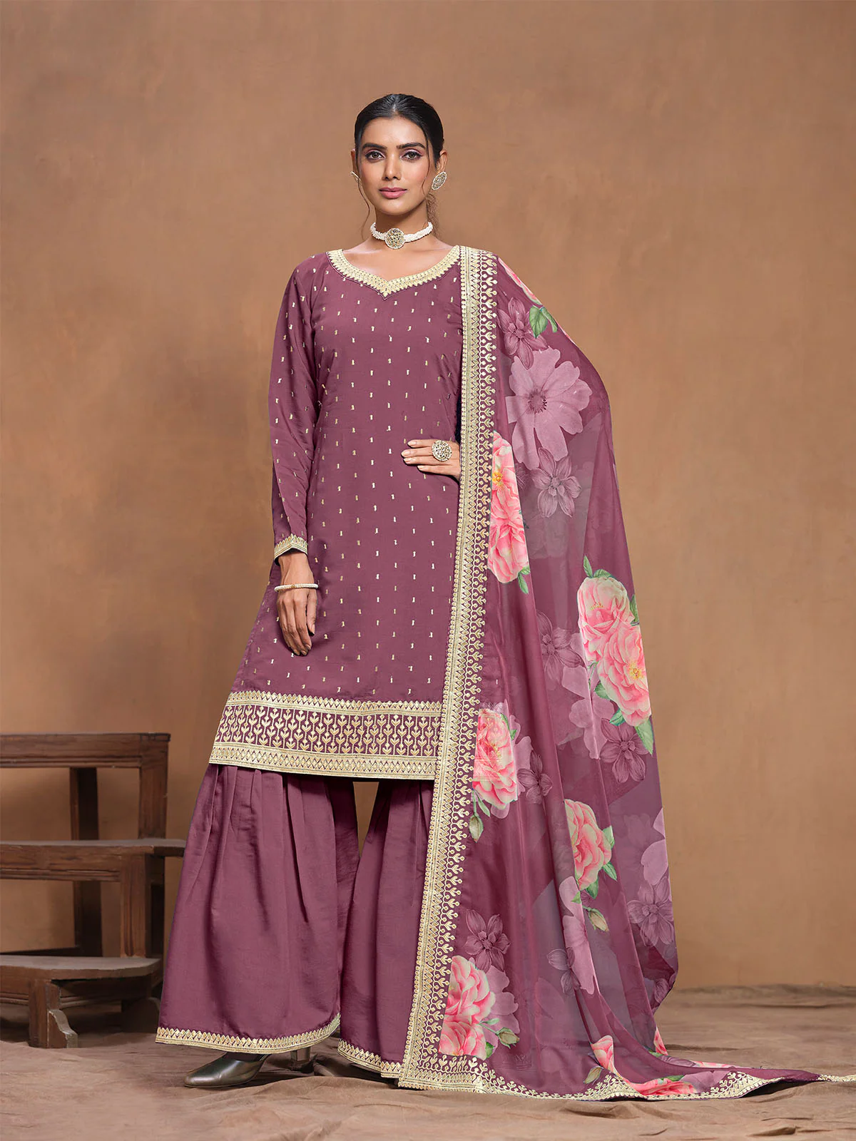 Odette Mauve Embroidered Silk Blend Semi Stitched Kurta Set For Women