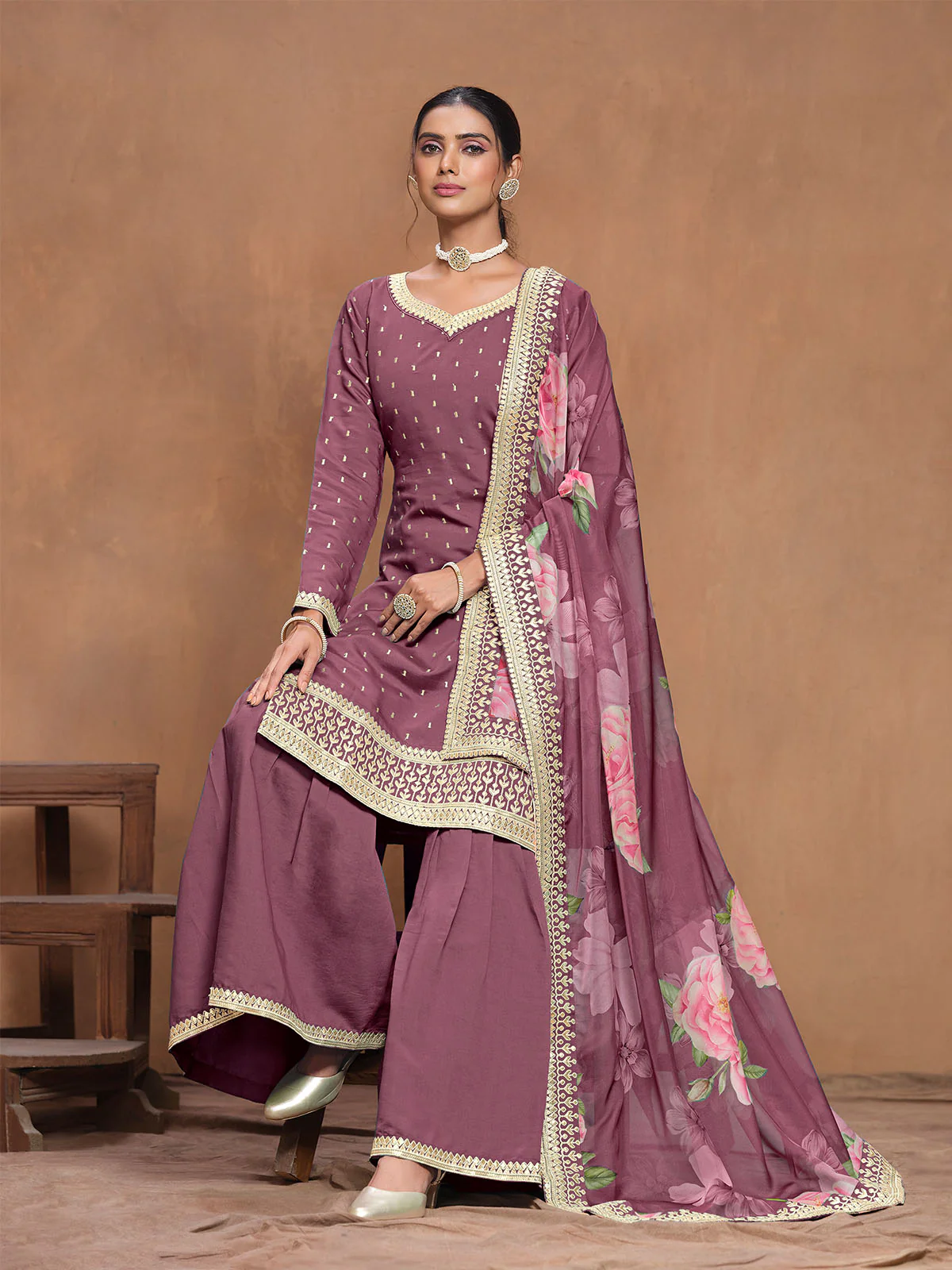 Odette Mauve Embroidered Silk Blend Semi Stitched Kurta Set For Women - Image 2