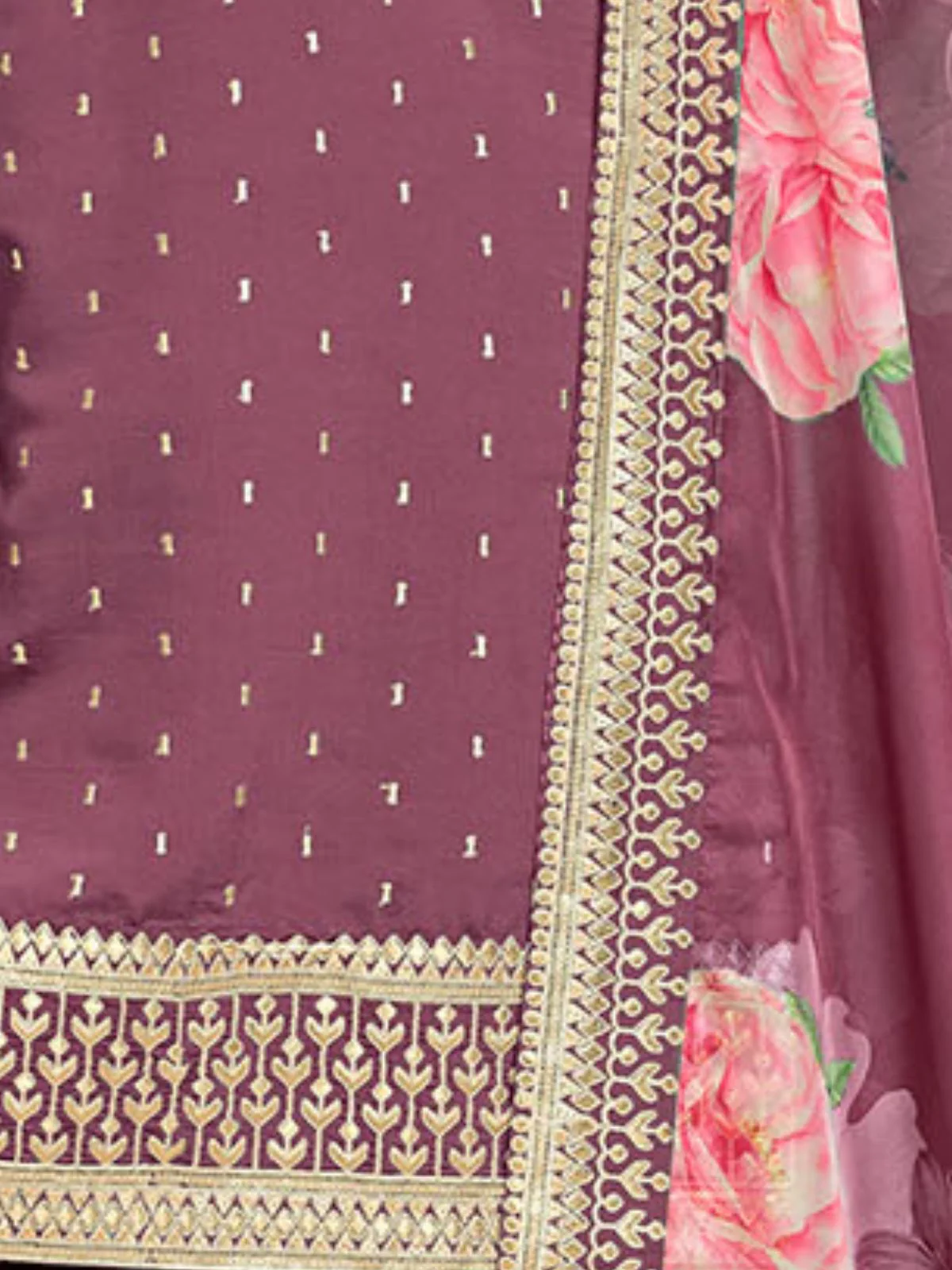 Odette Mauve Embroidered Silk Blend Semi Stitched Kurta Set For Women - Image 5