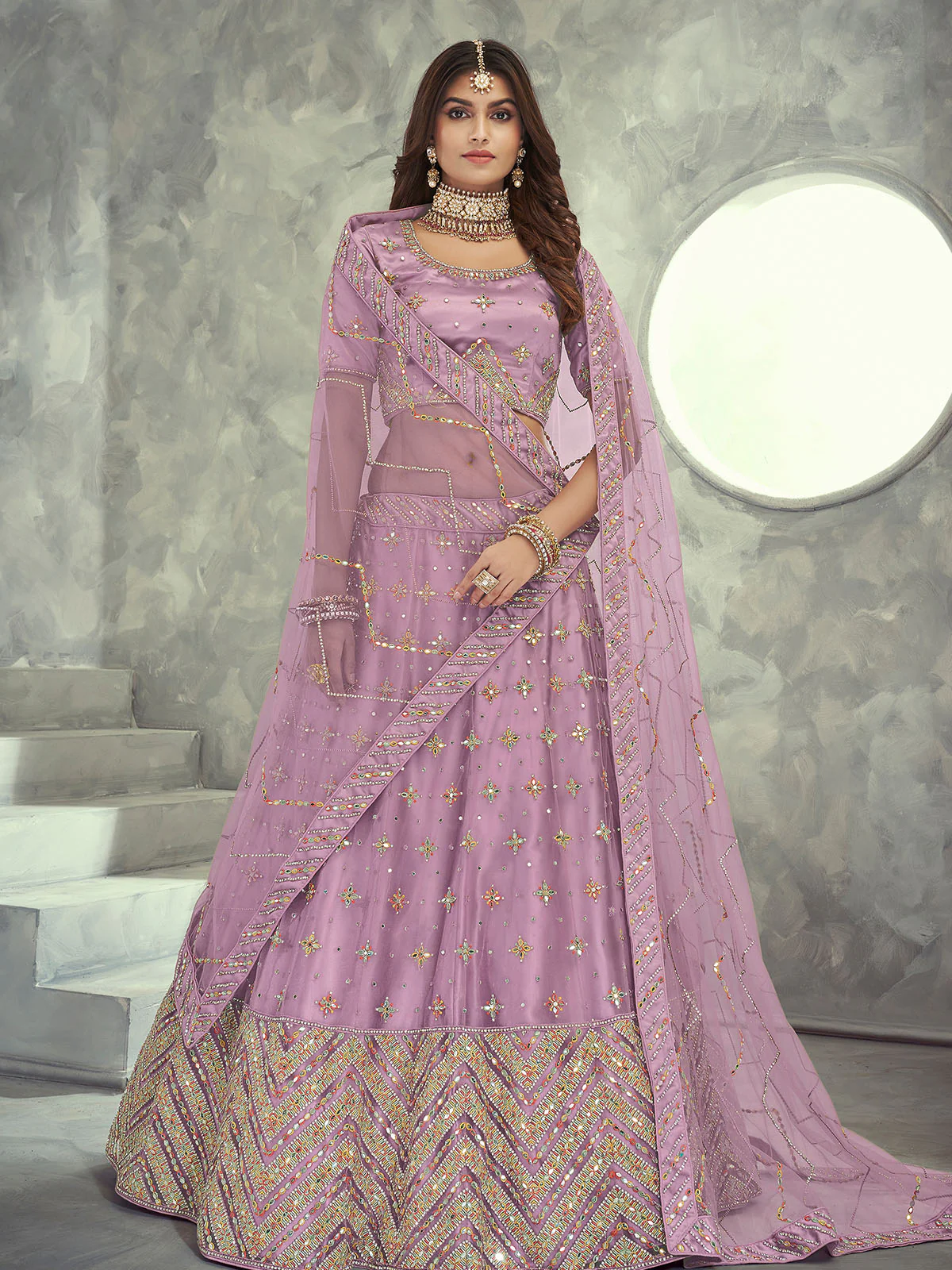 Odette Mauve Embroidered Soft Net Semi Stitched Lehenga With Blouse For Women - Image 2