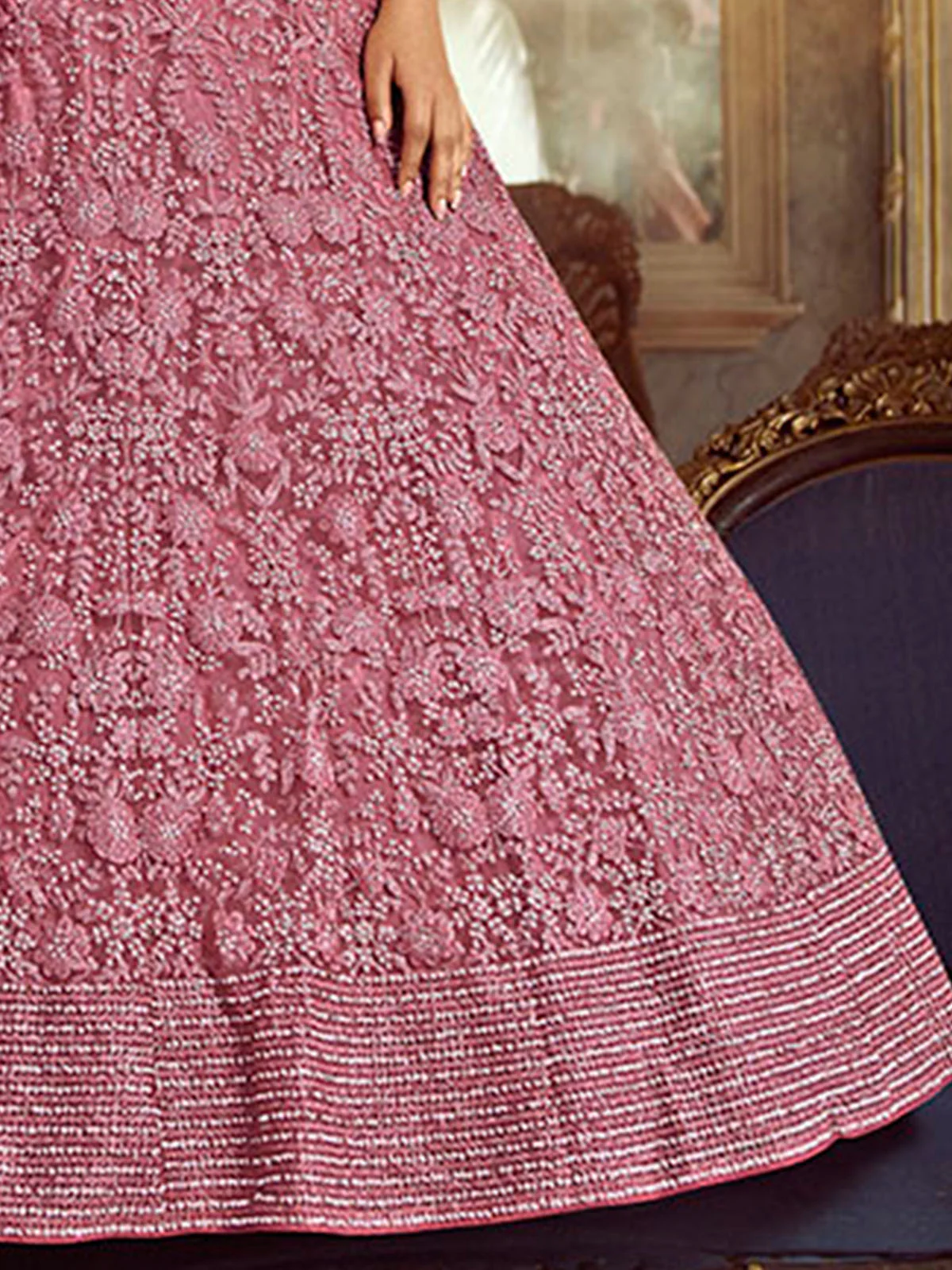 Odette Mauve Embroidered Soft Net Semi Stitched Lehenga With Blouse For Women - Image 5