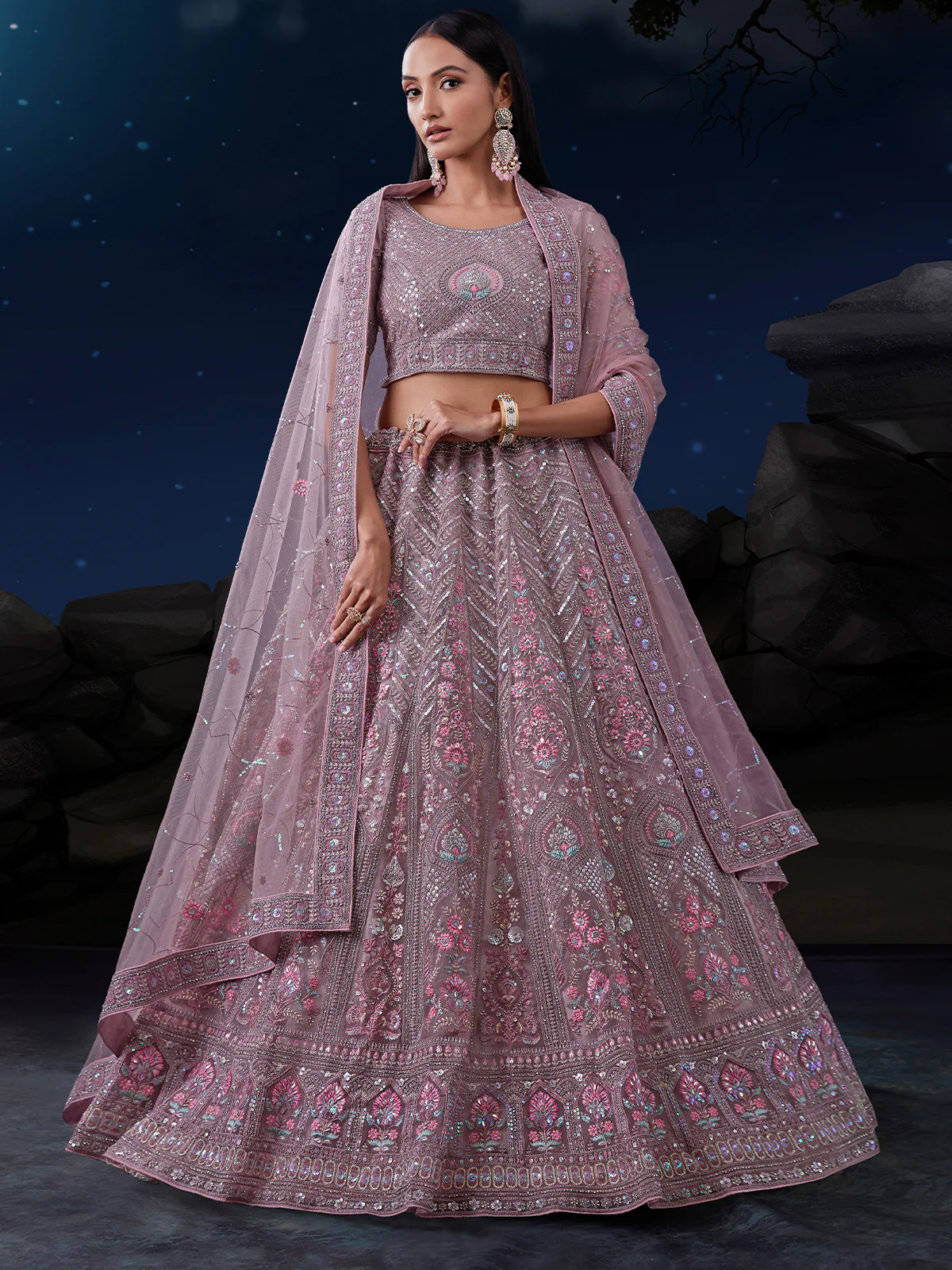 Odette Mauve Embroidered Soft Net Semi Stitched Lehenga With Blouse For Women - Image 3