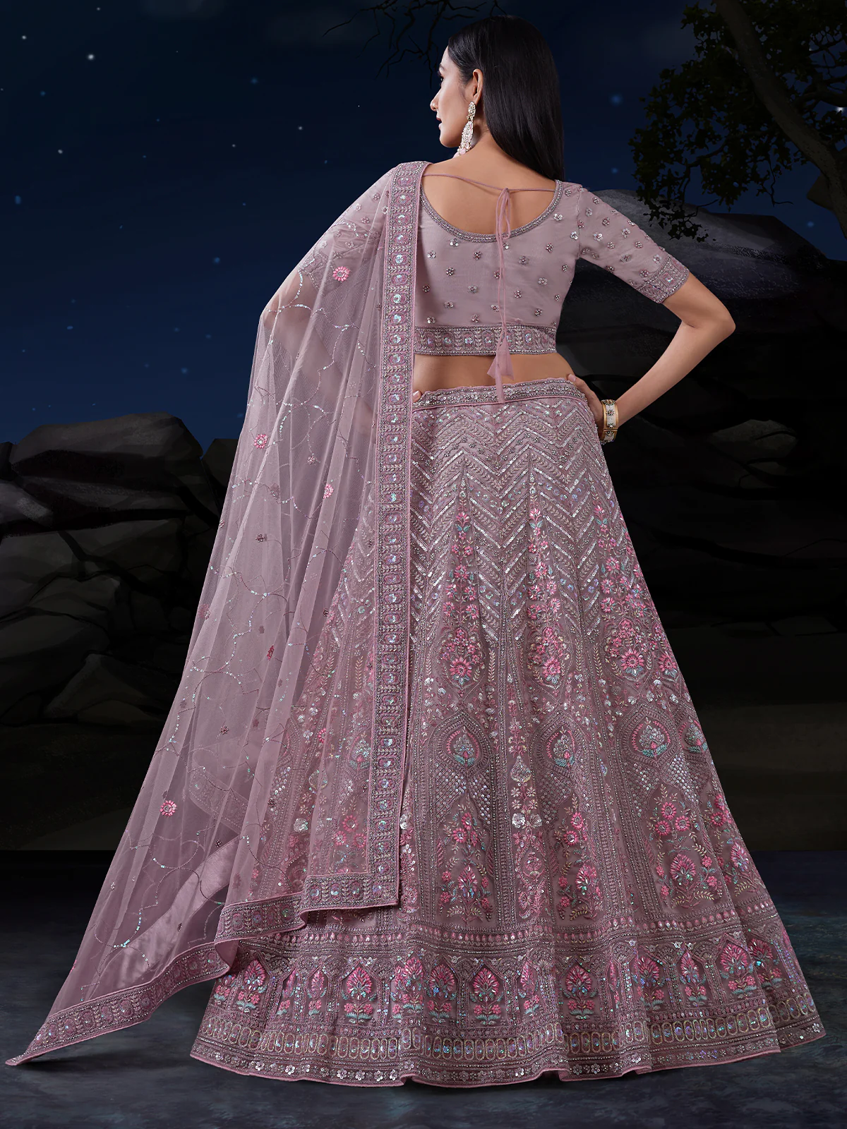 Odette Mauve Embroidered Soft Net Semi Stitched Lehenga With Blouse For Women - Image 4