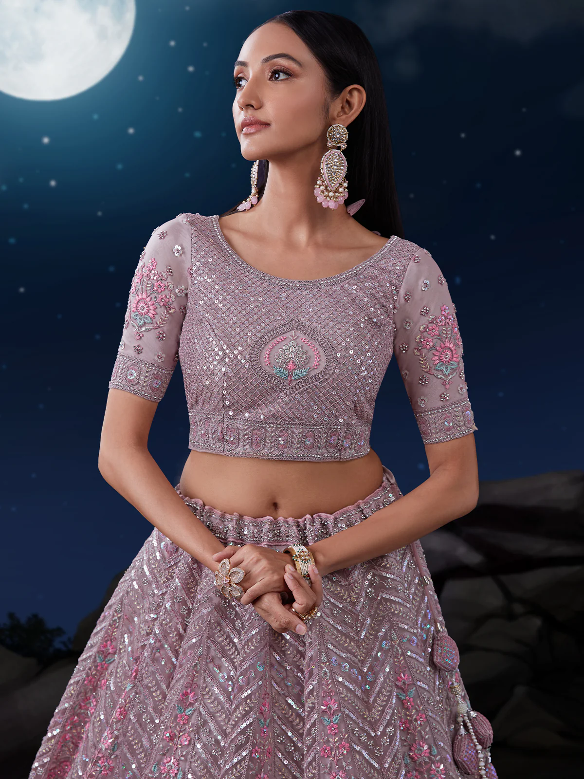 Odette Mauve Embroidered Soft Net Semi Stitched Lehenga With Blouse For Women - Image 6