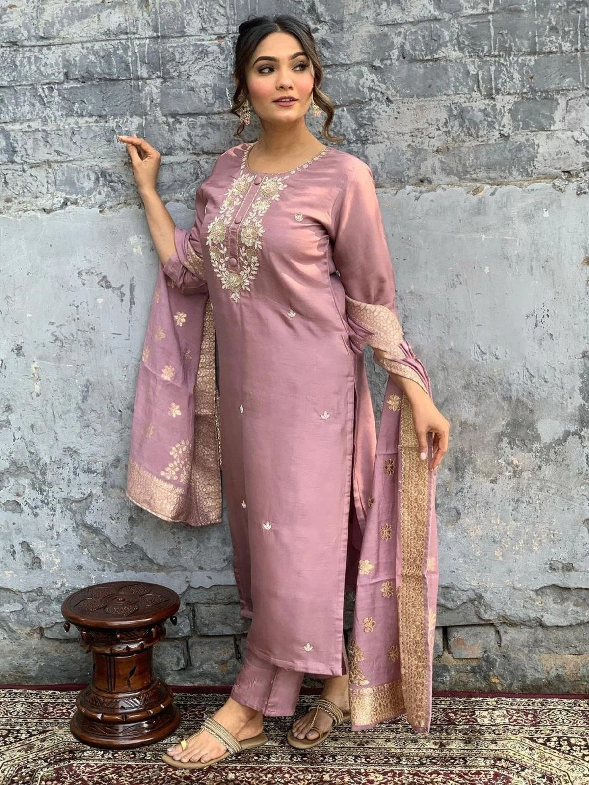 Odette Mauve Embroidered Viscose Silk Stitched Kurta Salwar Set For Women - Image 3