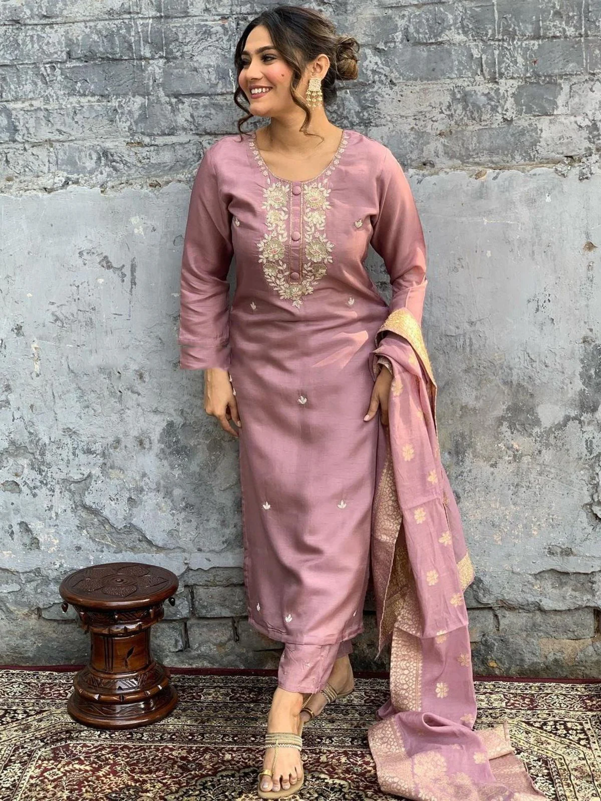 Odette Mauve Embroidered Viscose Silk Stitched Kurta Salwar Set For Women - Image 4