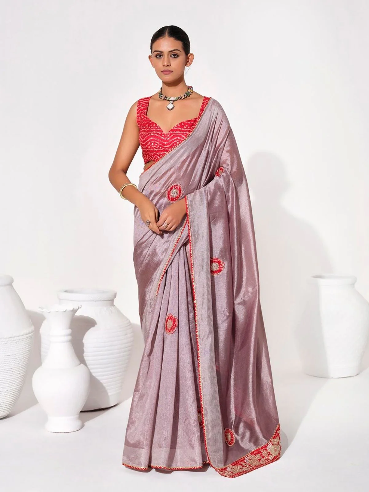 Odette Mauve Georgette Embellished Solid Saree For Women