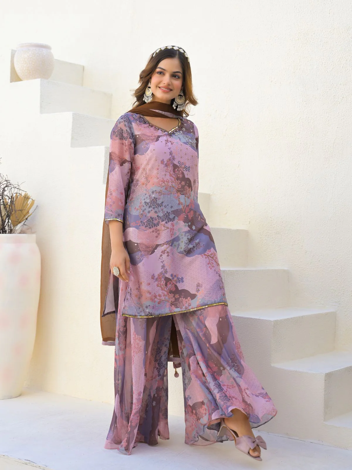 Odette Mauve Georgette Embellished Stiched Kurta Set For Women - Image 3