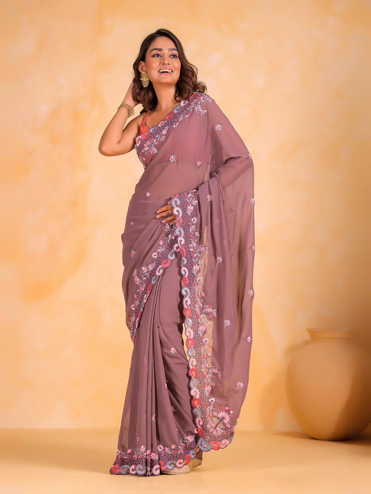 Odette Mauve Georgette Embroidered Saree With Unstitched Blouse For Women