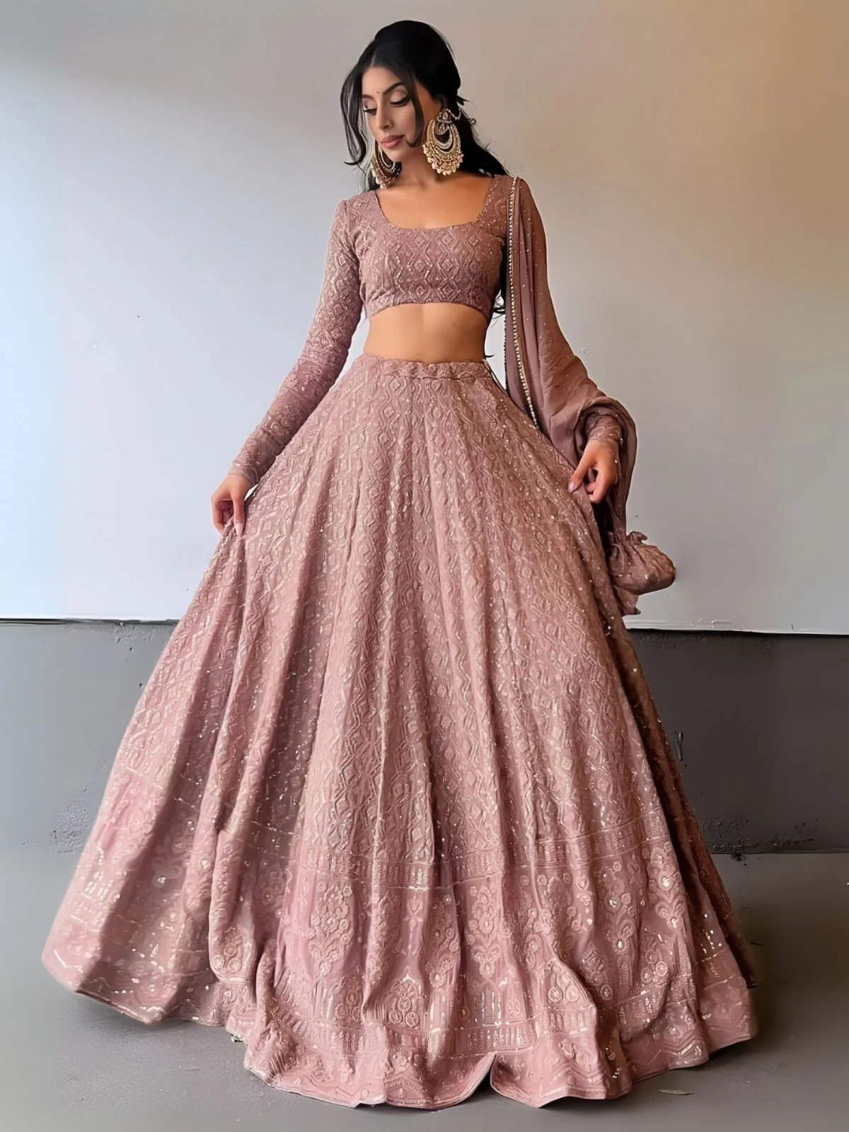 Odette Mauve Georgette Embroidered Semi-Stitched Lehenga For Women