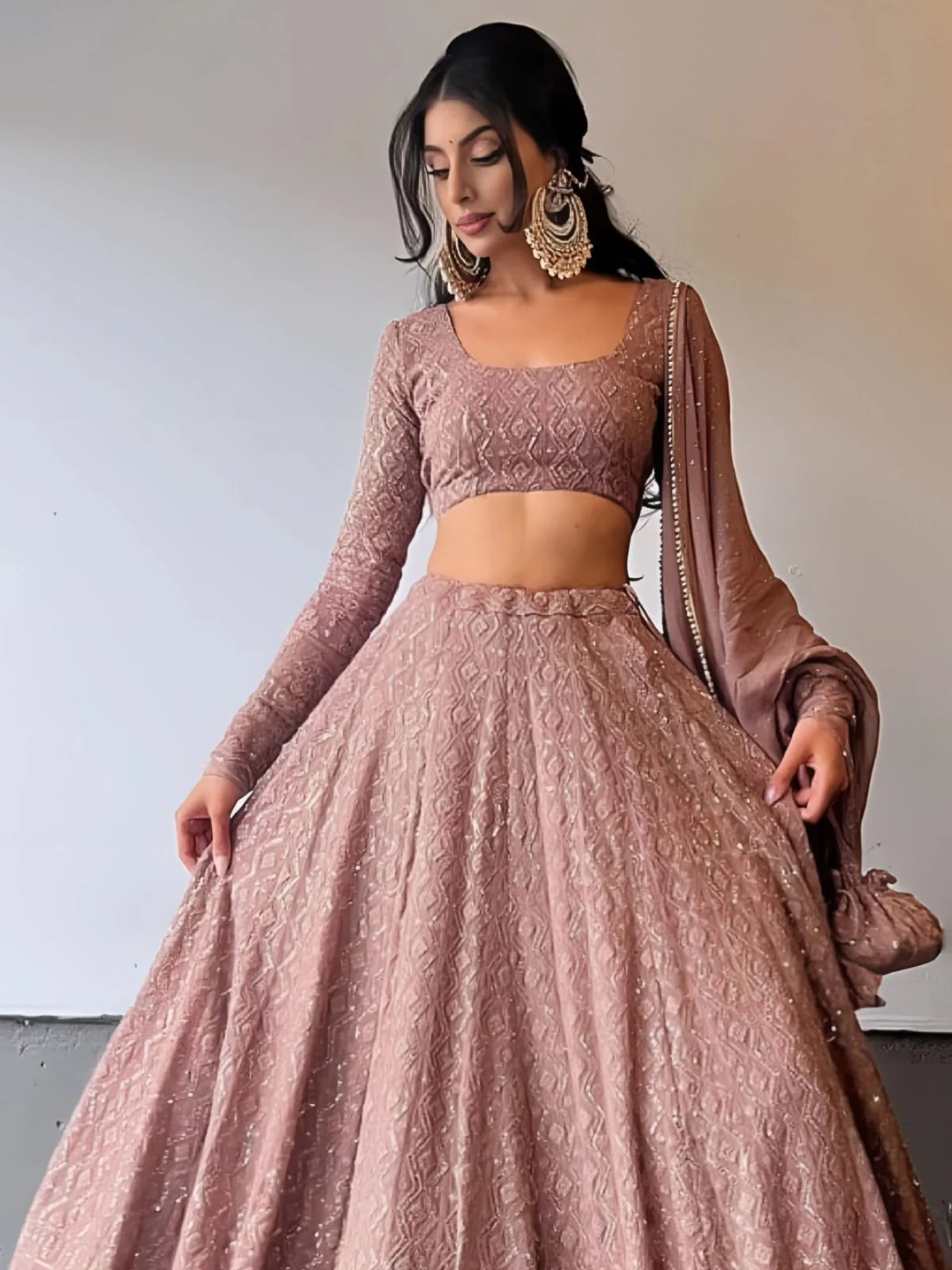 Odette Mauve Georgette Embroidered Semi-Stitched Lehenga For Women - Image 2