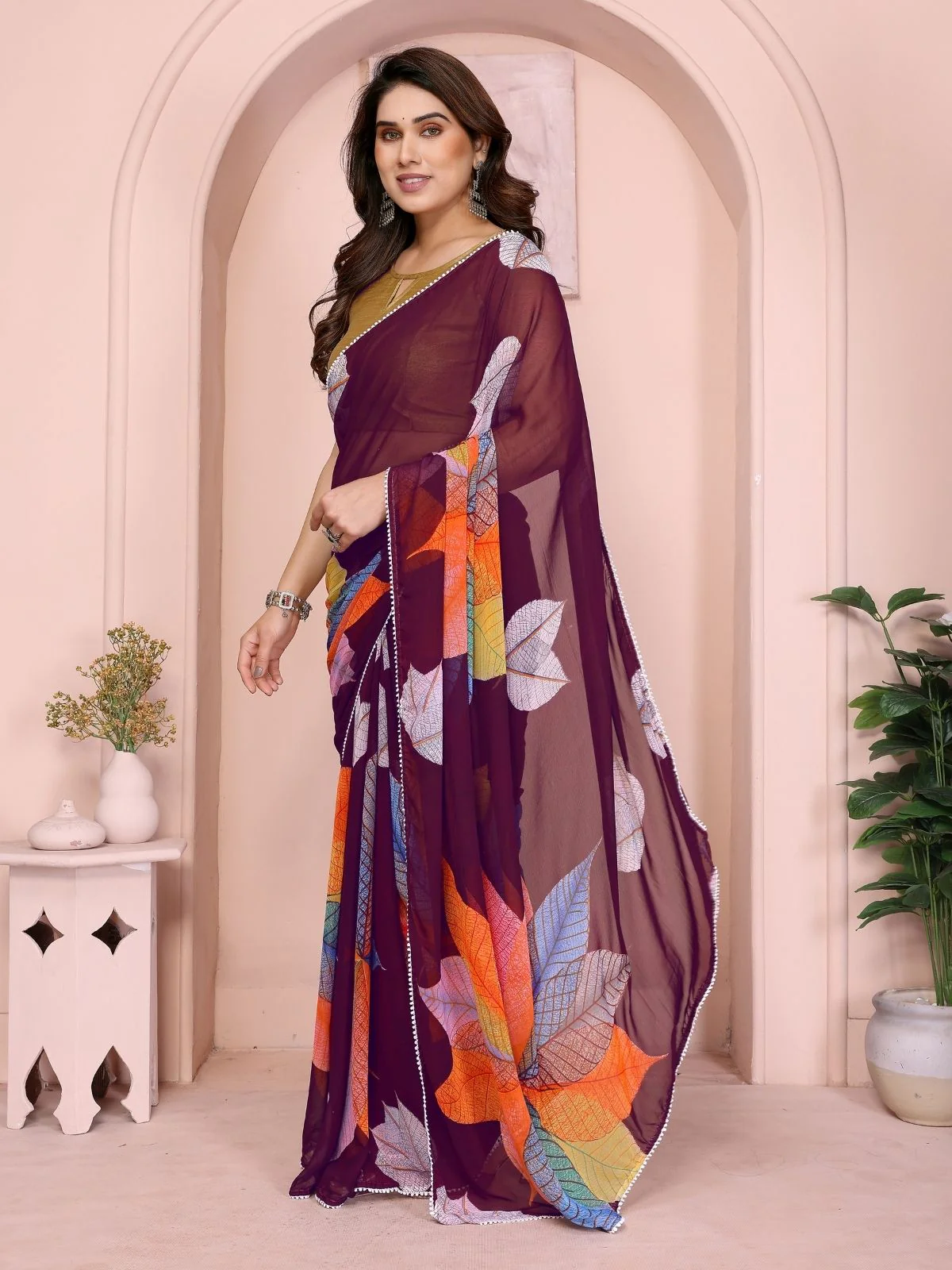 Odette Mauve Georgette Printed Saree For Women - Image 2