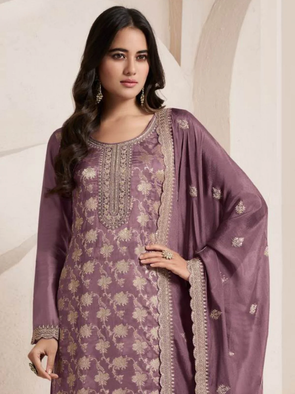 Odette Mauve Jacquard Embroidered Semi Stitched Kurta Set For Women - Image 2