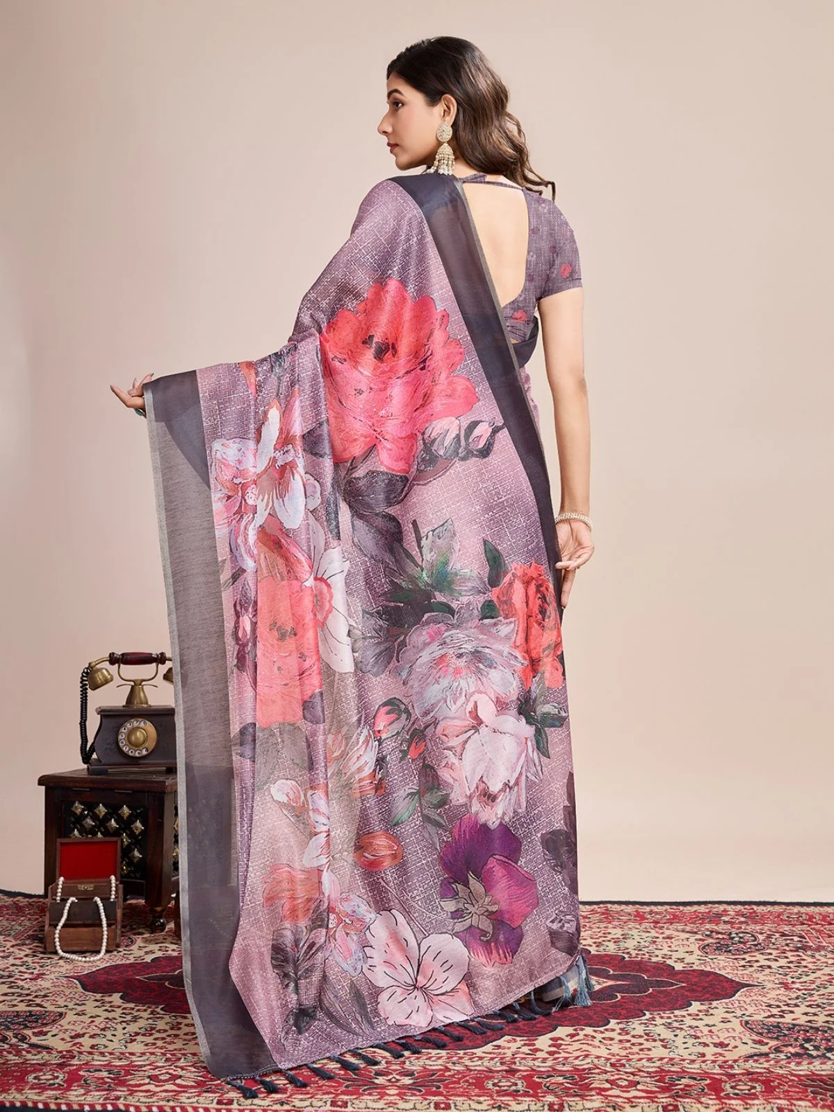 Odette Mauve Linen Printed Saree With Unstitched Blouse For Women - Image 2
