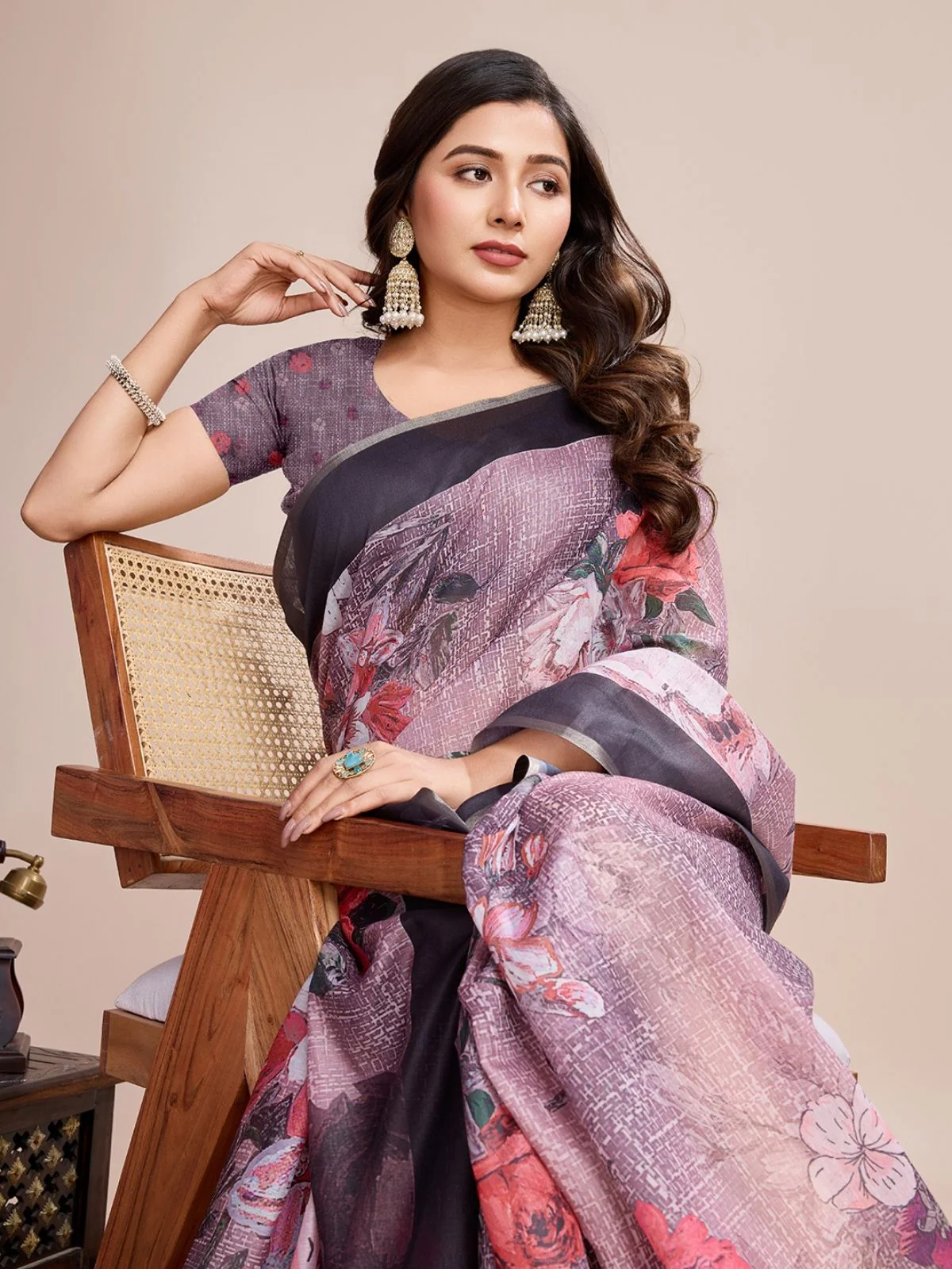 Odette Mauve Linen Printed Saree With Unstitched Blouse For Women - Image 3