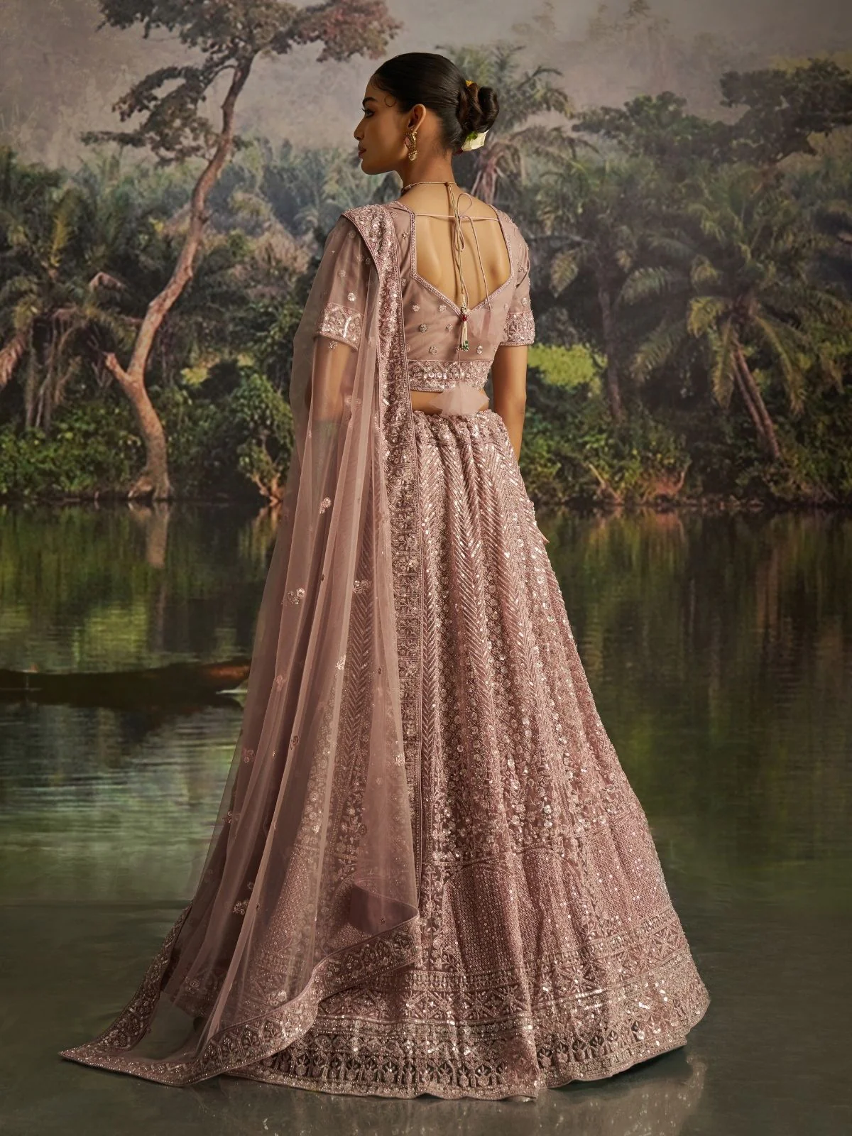 Odette Mauve Net Embellished Semi-Stitched Lehenga For Women - Image 2