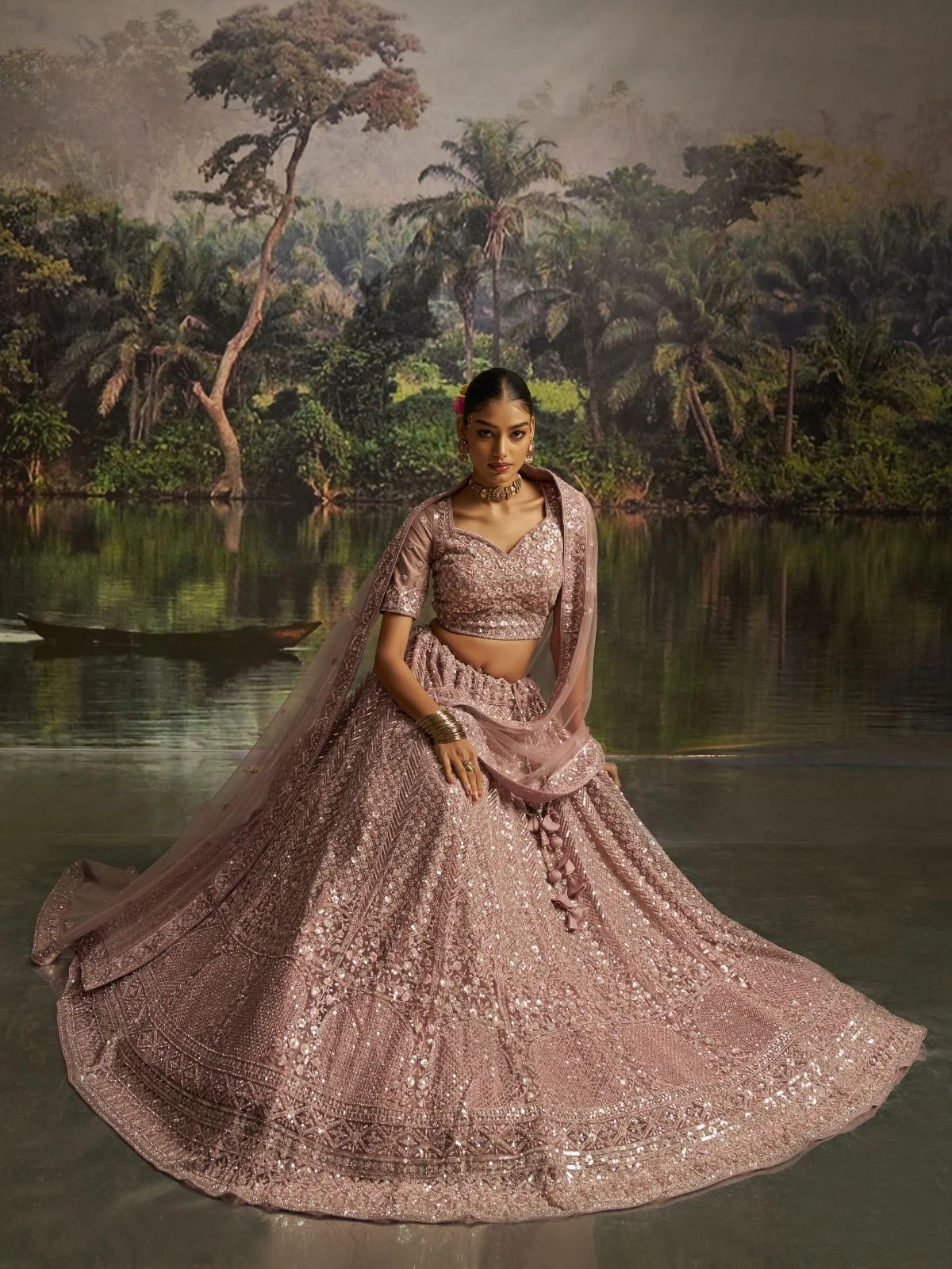 Odette Mauve Net Embellished Semi-Stitched Lehenga For Women - Image 4