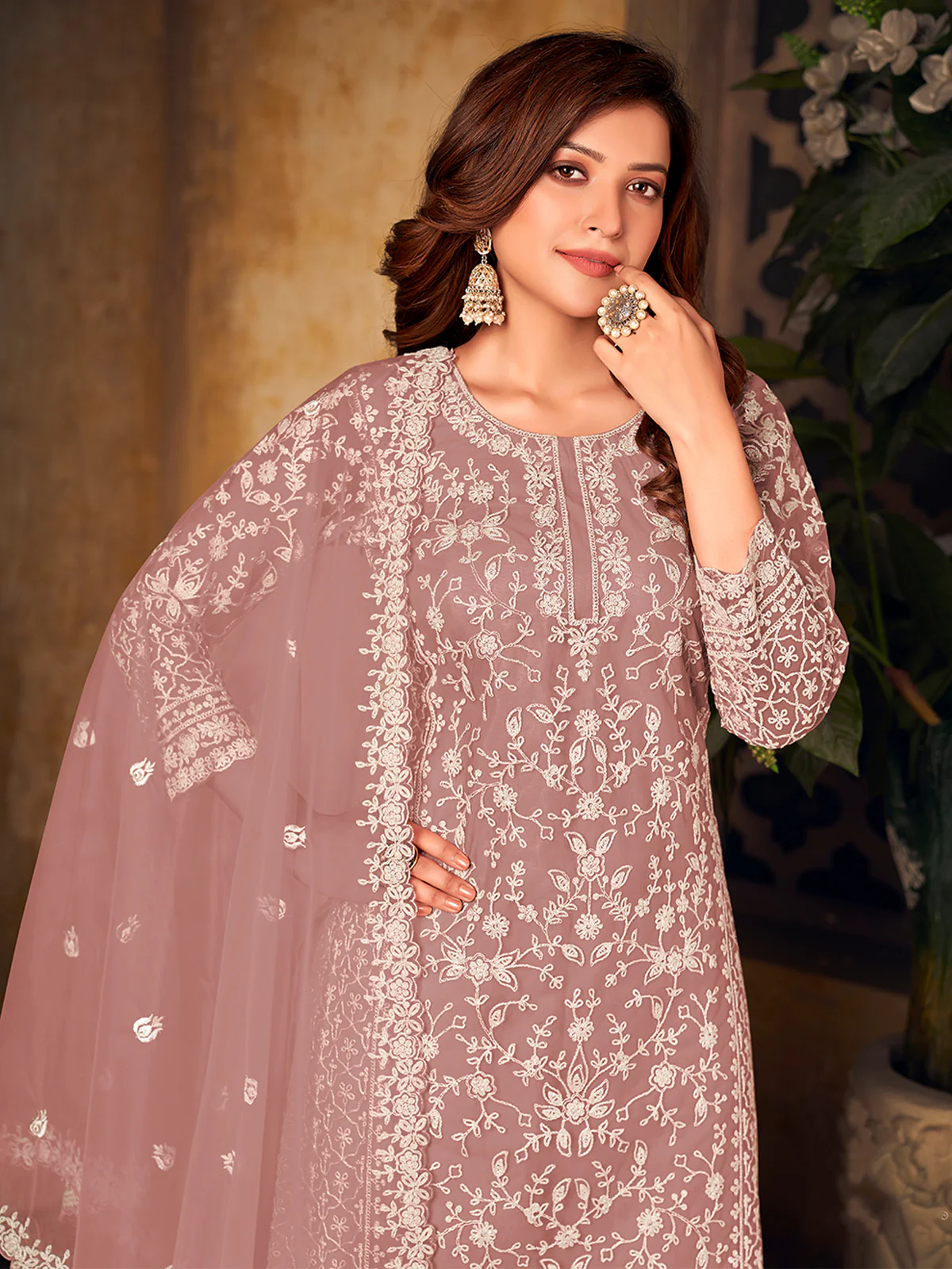 Odette Mauve Net Embroidered Semi stitched Kurta Set with Inner For Women - Image 3