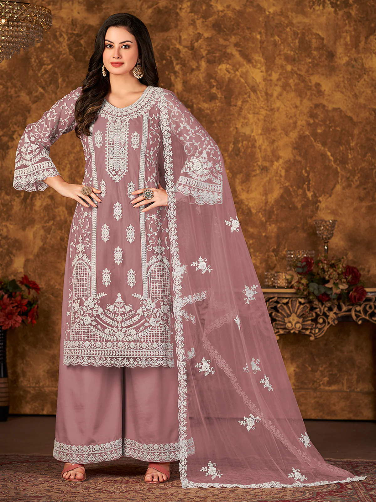 Odette Mauve Net Embroidered Semi stitched Kurta Set with Inner For Women