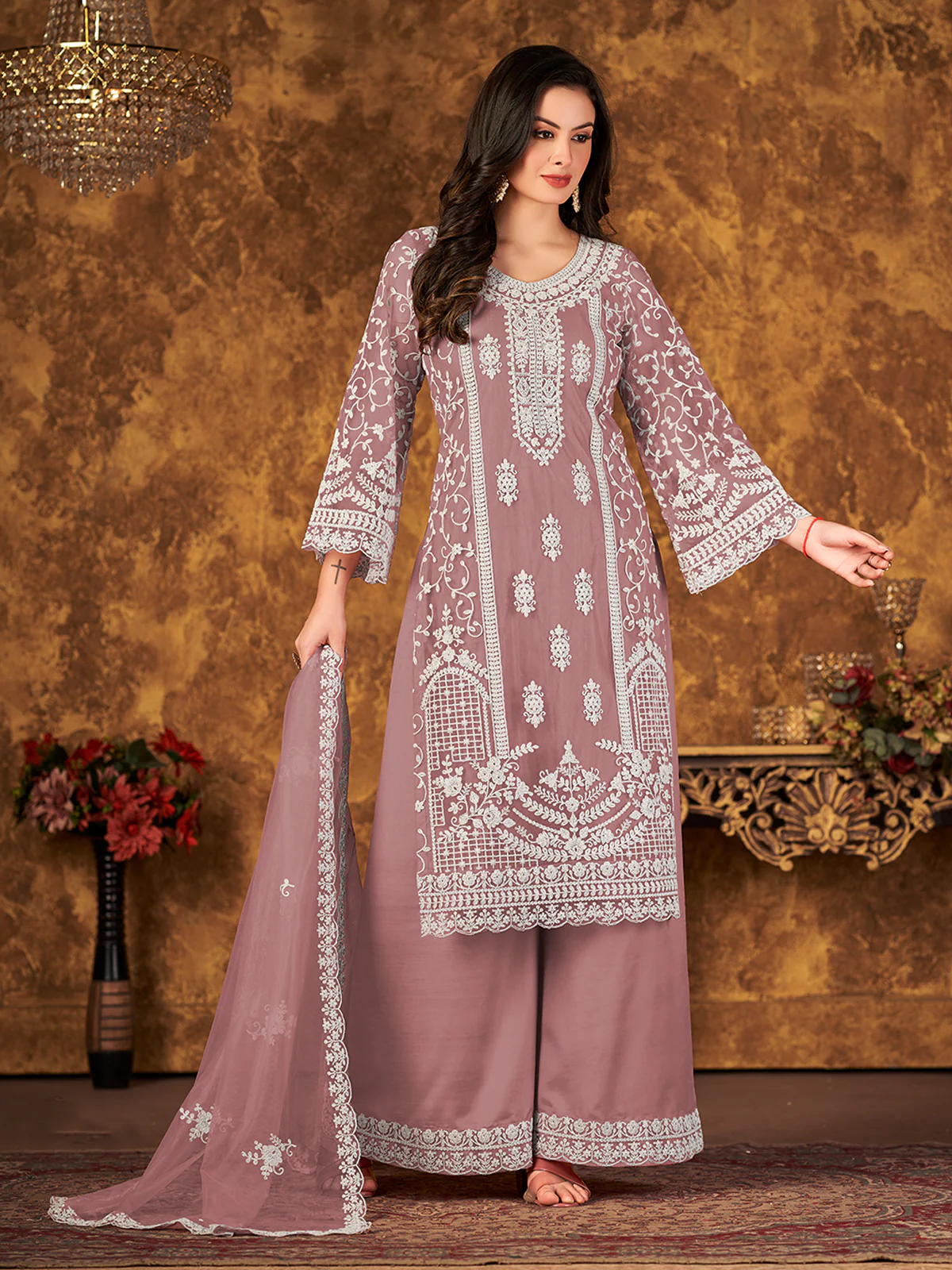 Odette Mauve Net Embroidered Semi stitched Kurta Set with Inner For Women - Image 2