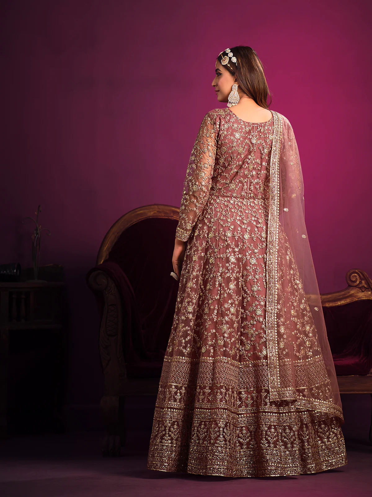 Odette Mauve Net Embroidered Semi stitched Kurta Set With Inner For Women - Image 3