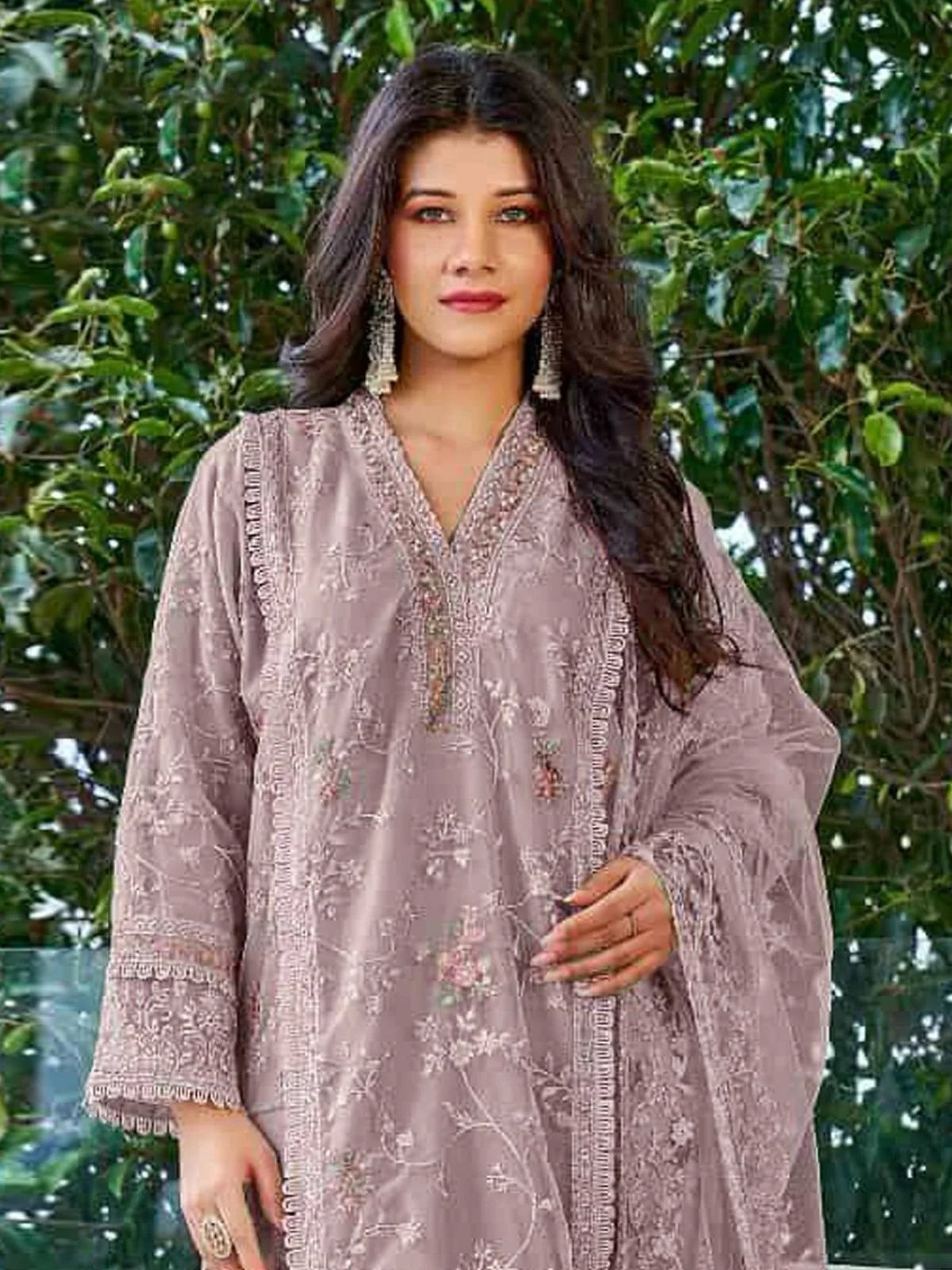 Odette Mauve Organza Embroidered Semi Stitched Kurta Set For Women - Image 2