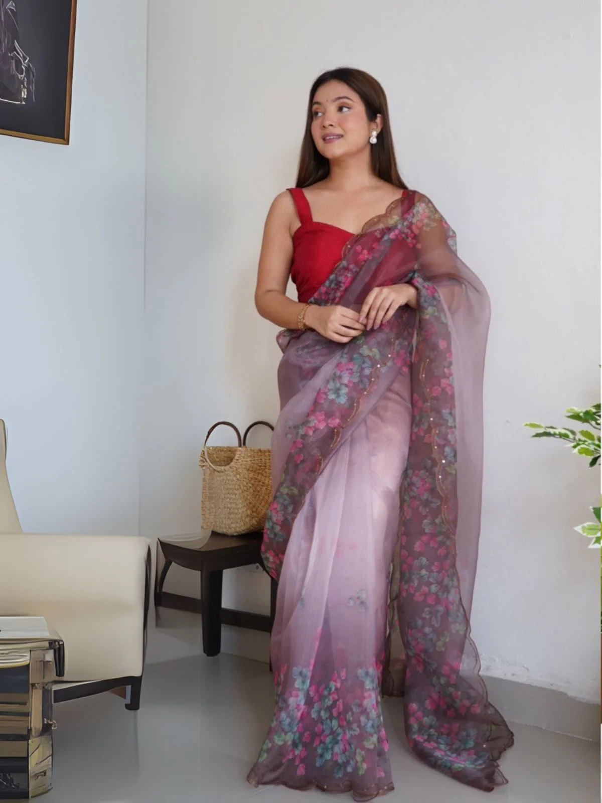 Odette Mauve Organza Printed Saree With Unstitched Blouse For Women