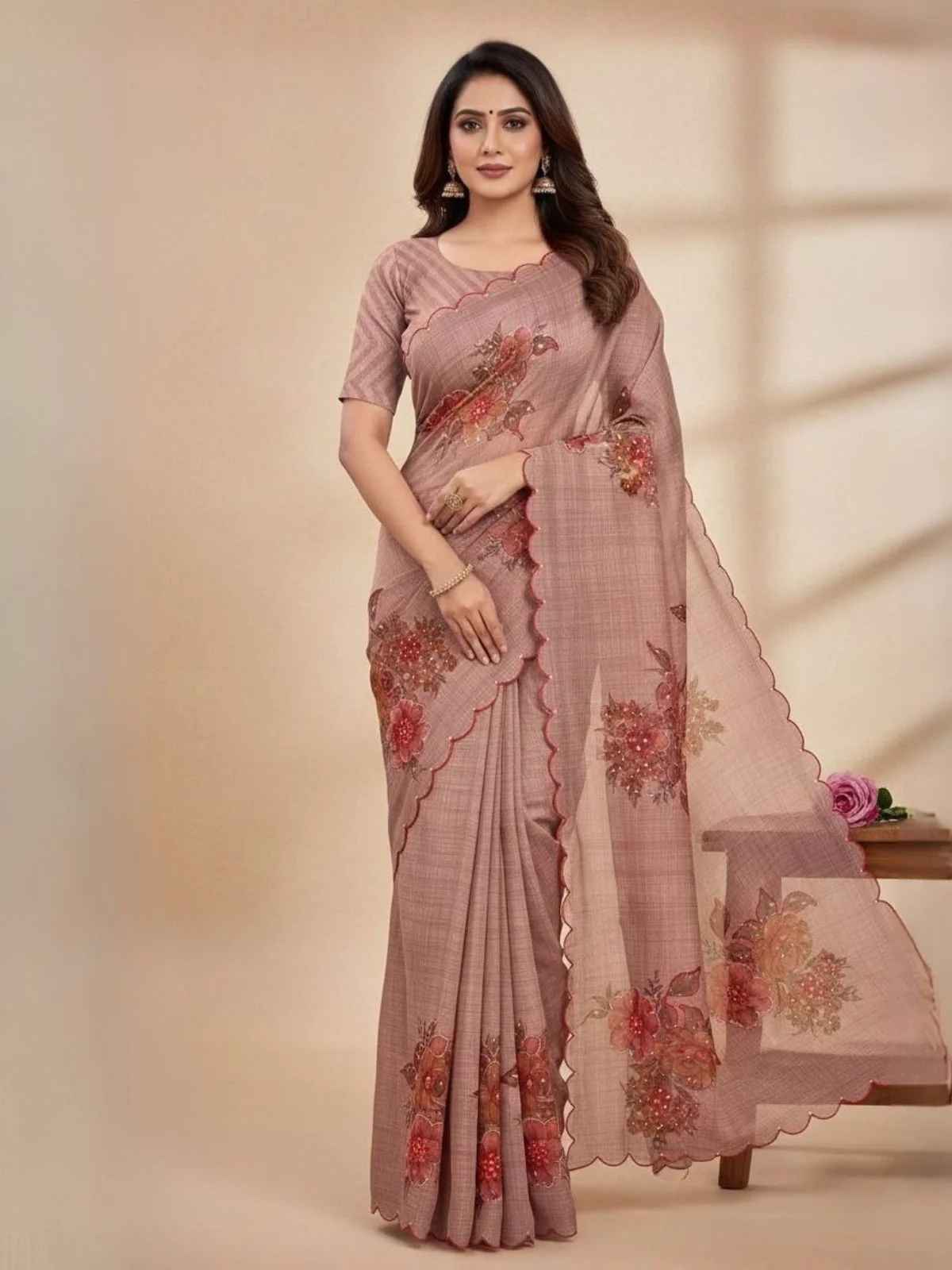 Odette Mauve Organza Solid Printed Saree For Women