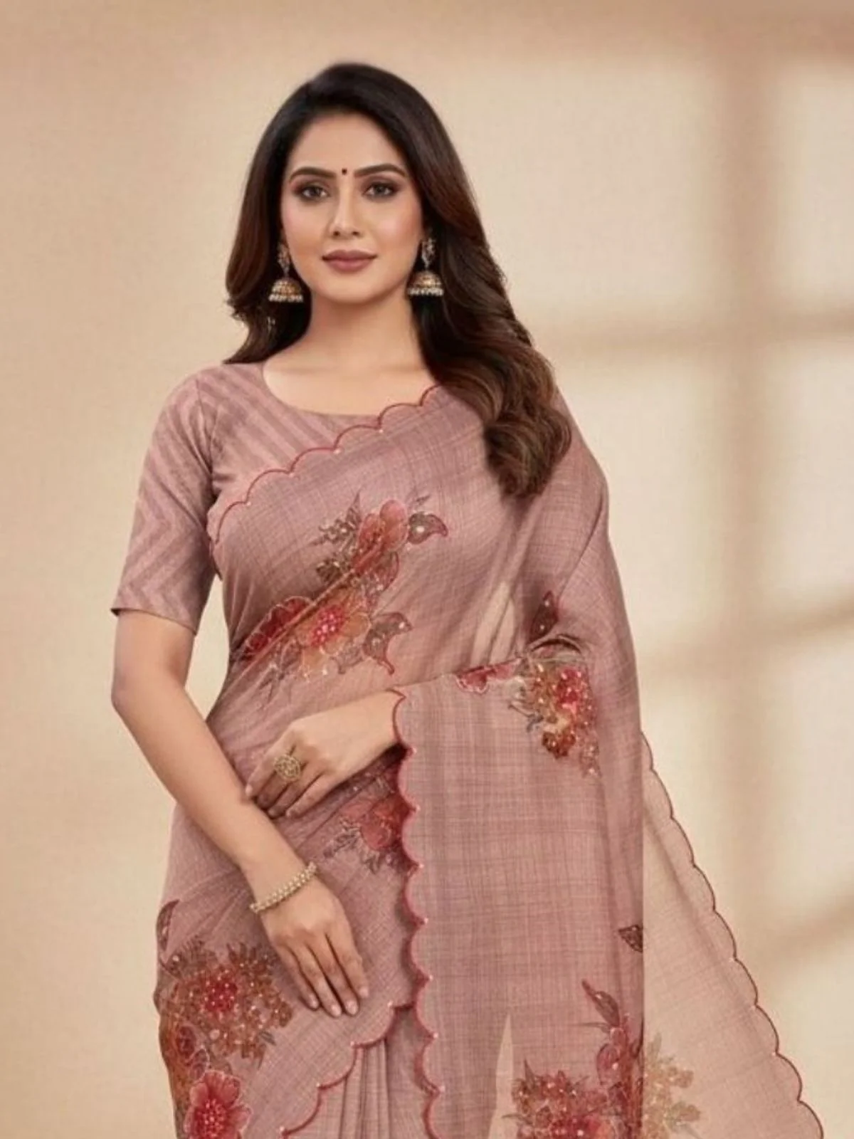 Odette Mauve Organza Solid Printed Saree For Women - Image 2