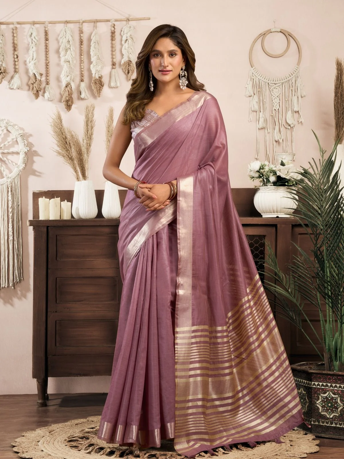 Odette Mauve Pink Cotton Blend Woven Saree For Women