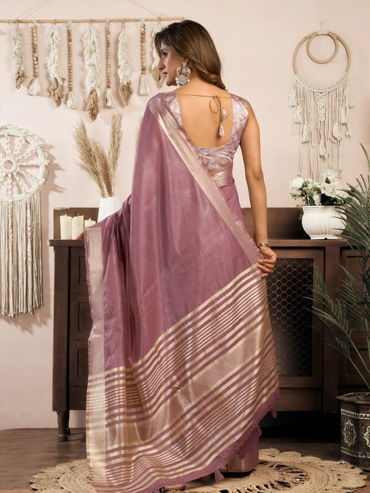 Odette Mauve Pink Cotton Blend Woven Saree For Women - Image 3