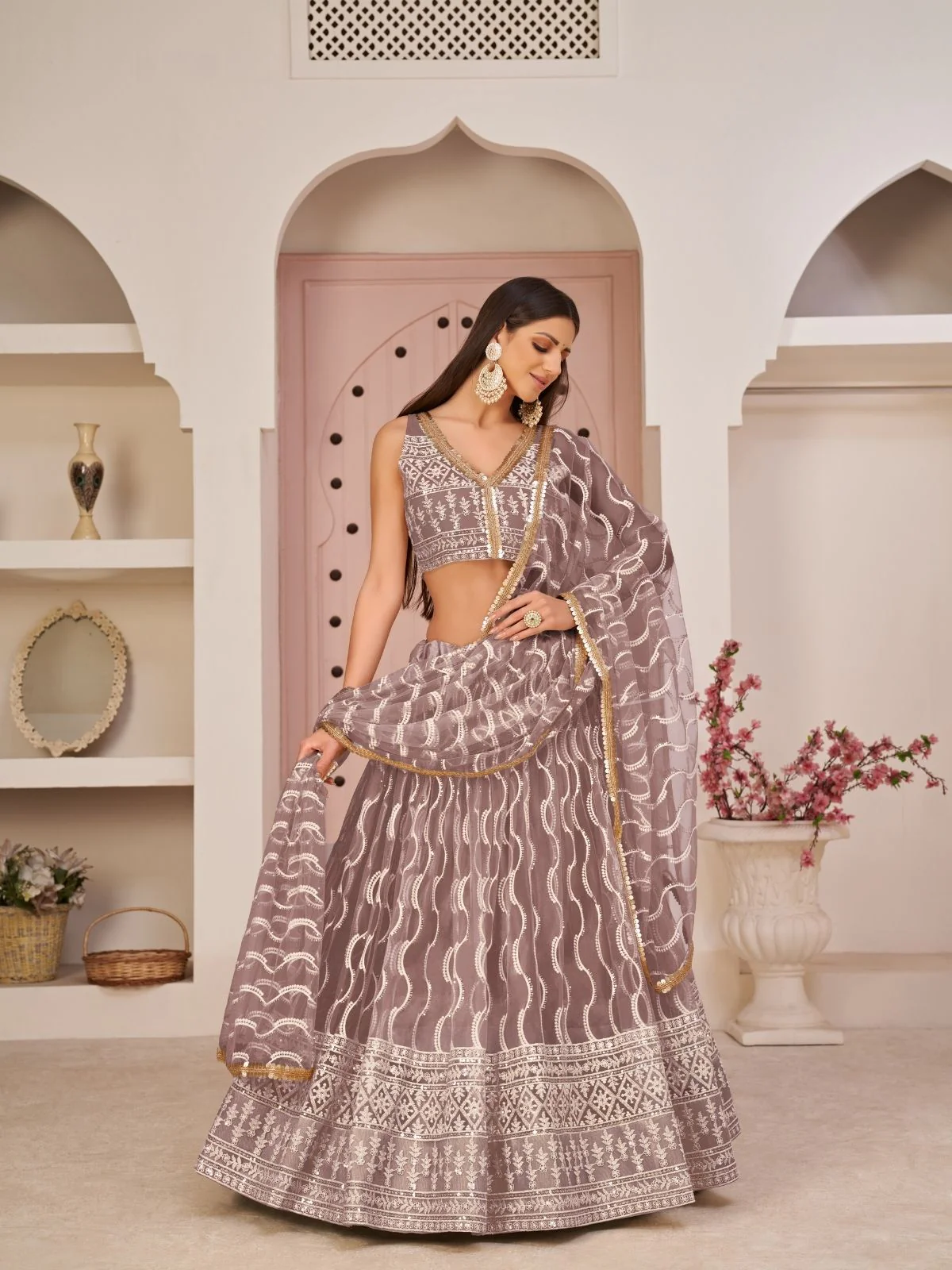 Odette Mauve Pink Net Embroidered Semi Stitched Lehenga For Women - Image 2