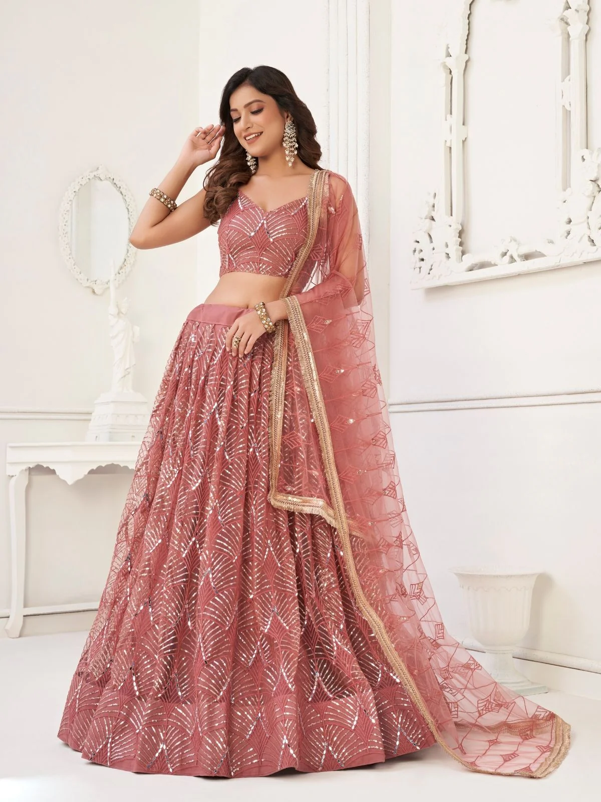 Odette Mauve Pink Net Embroidered Semi Stitched Lehenga For Women - Image 2