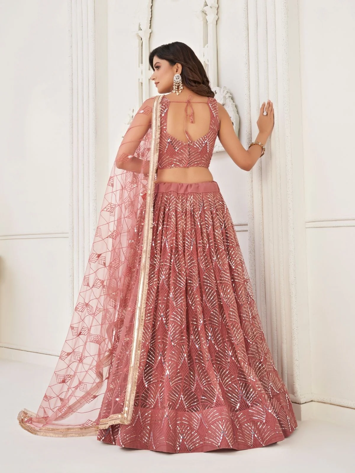 Odette Mauve Pink Net Embroidered Semi Stitched Lehenga For Women - Image 3