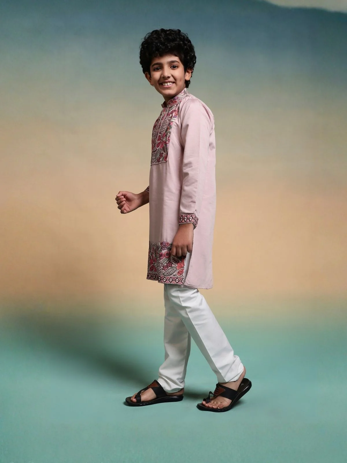 Odette Mauve Pink  Viscose Silk Embroidered Stitched Kurta Set For Kids - Image 2