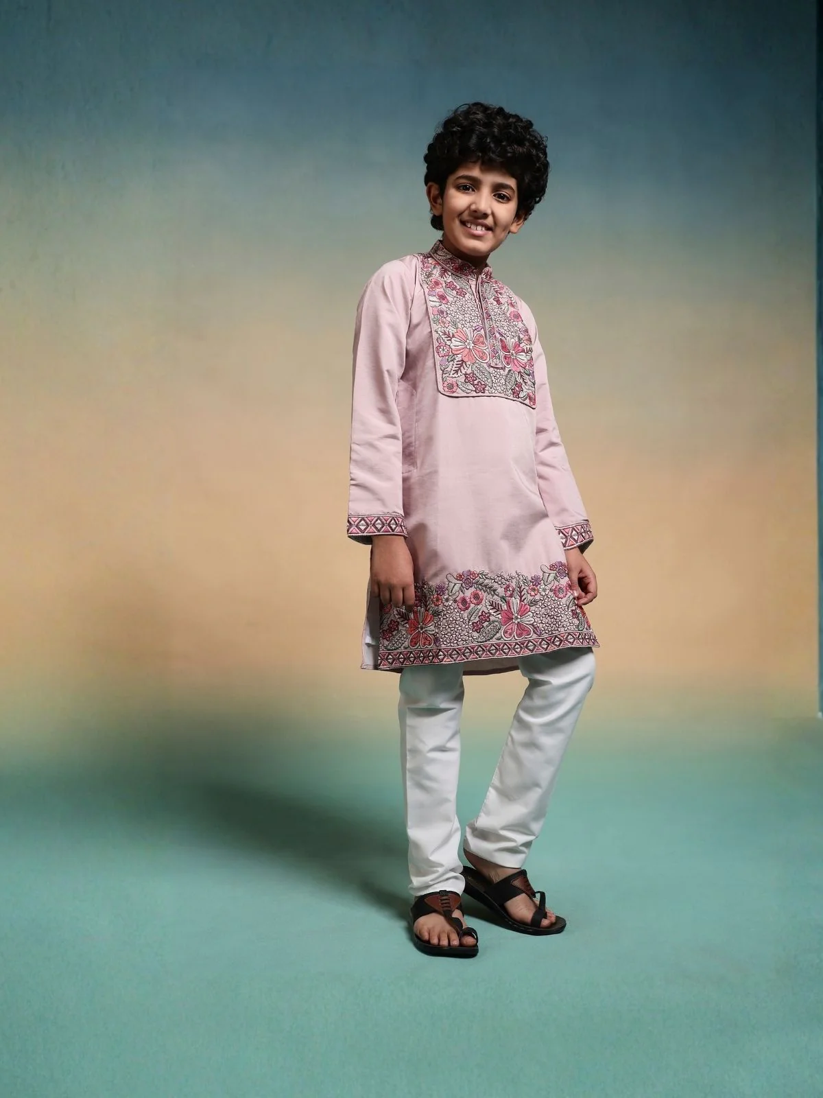 Odette Mauve Pink  Viscose Silk Embroidered Stitched Kurta Set For Kids - Image 3