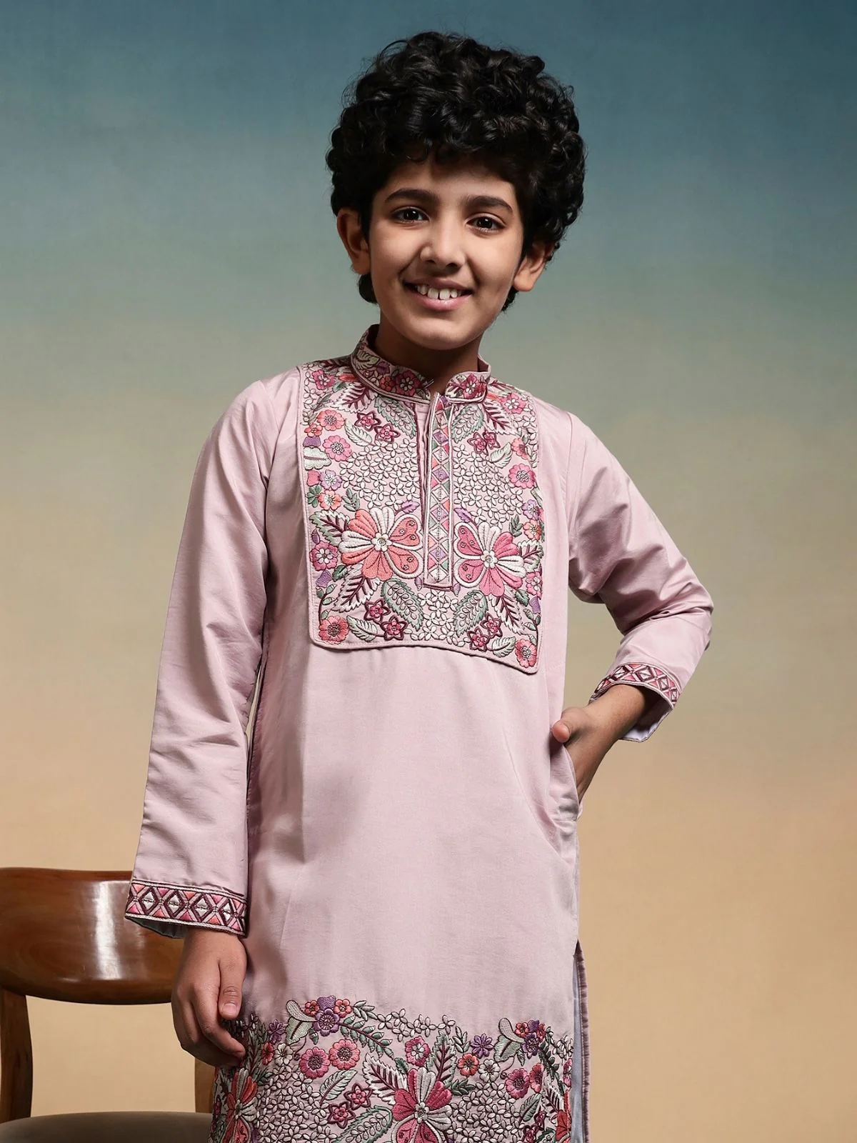 Odette Mauve Pink  Viscose Silk Embroidered Stitched Kurta Set For Kids - Image 5