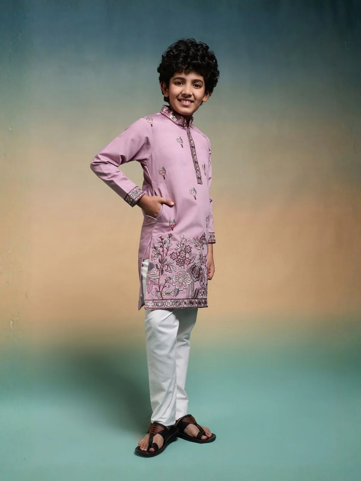 Odette Mauve Pink Viscose Silk Embroidered Stitched Kurta Set For Kids - Image 2