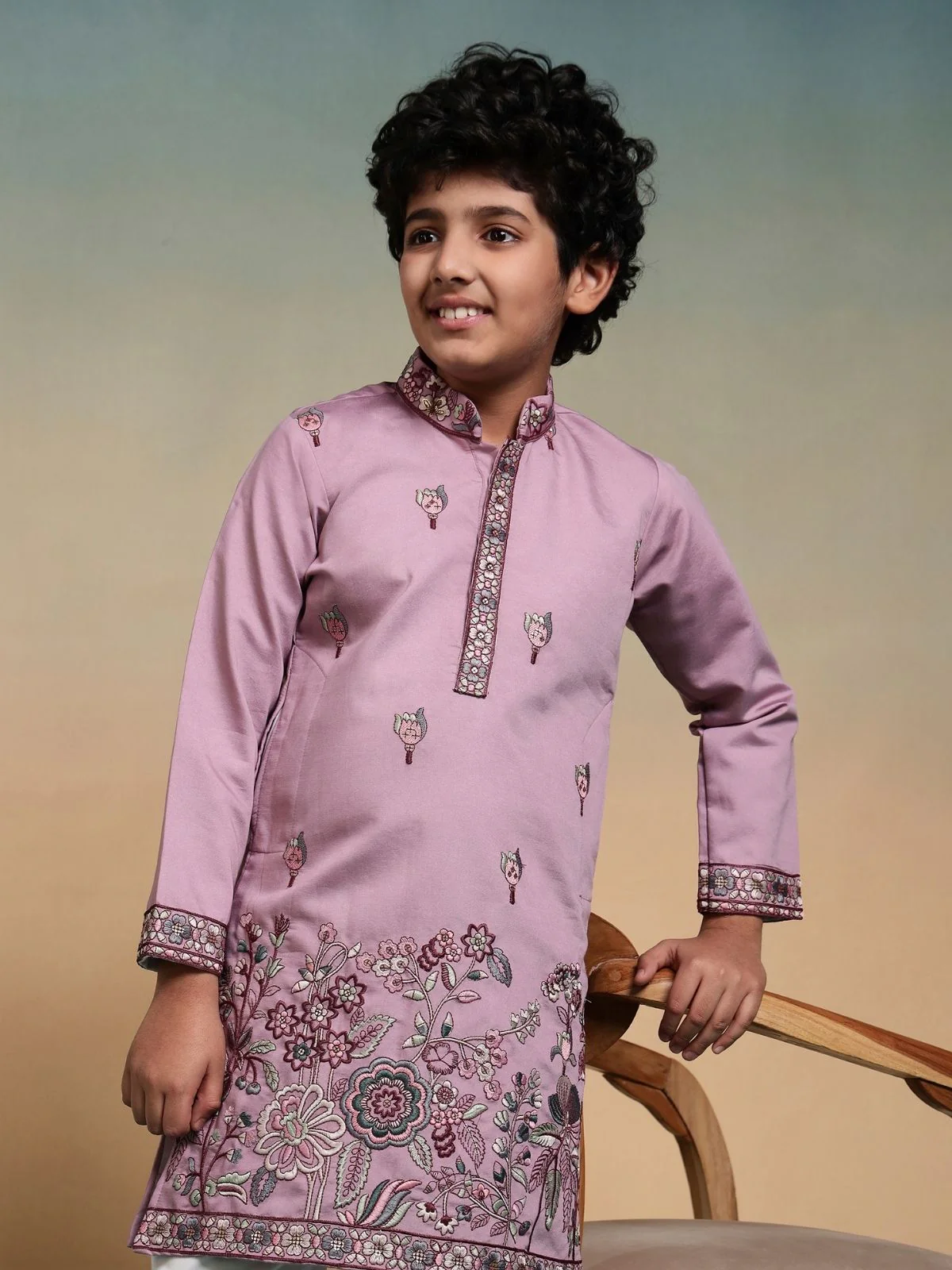 Odette Mauve Pink Viscose Silk Embroidered Stitched Kurta Set For Kids - Image 5