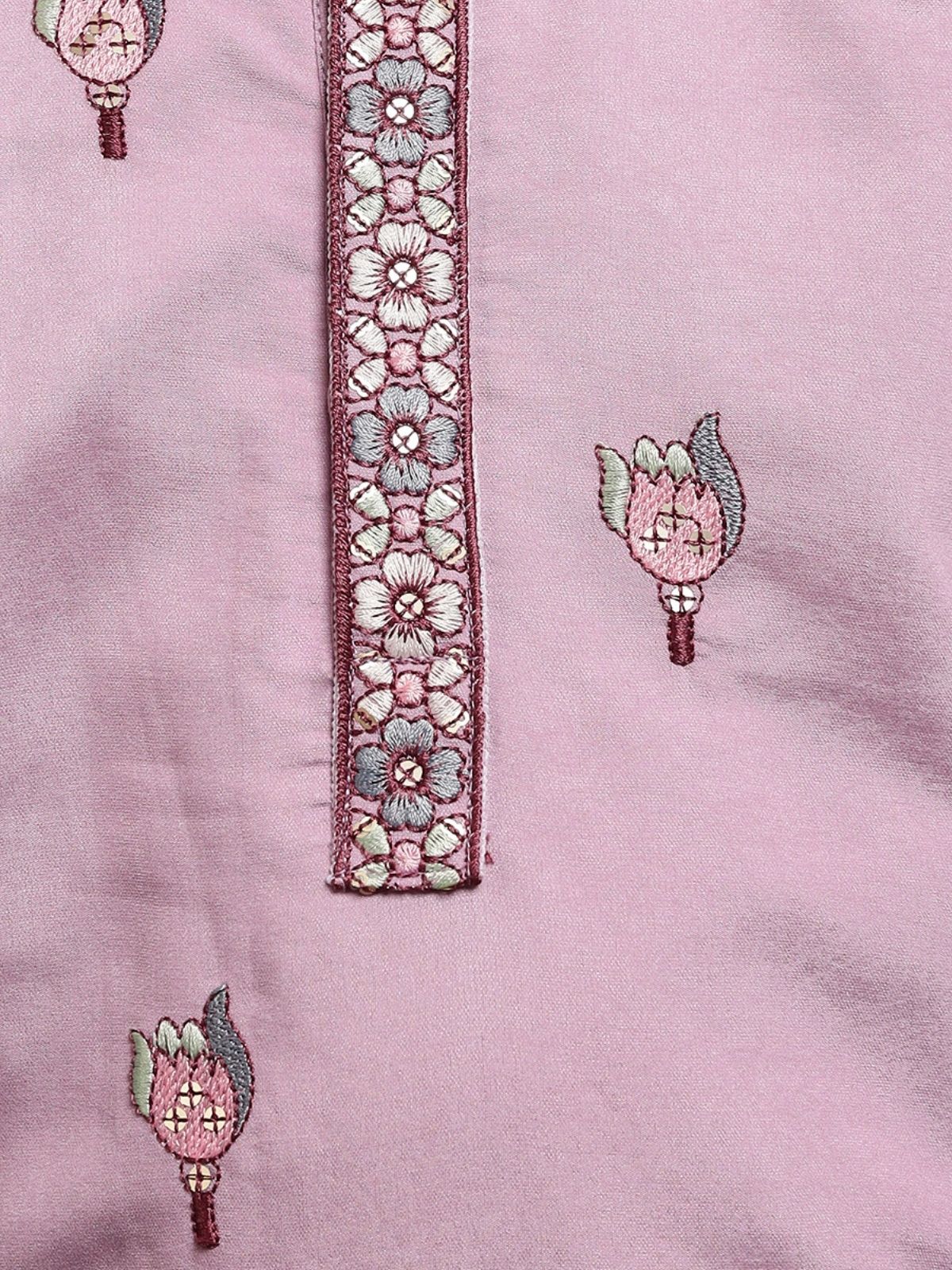 Odette Mauve Pink Viscose Silk Embroidered Stitched Kurta Set For Kids - Image 6