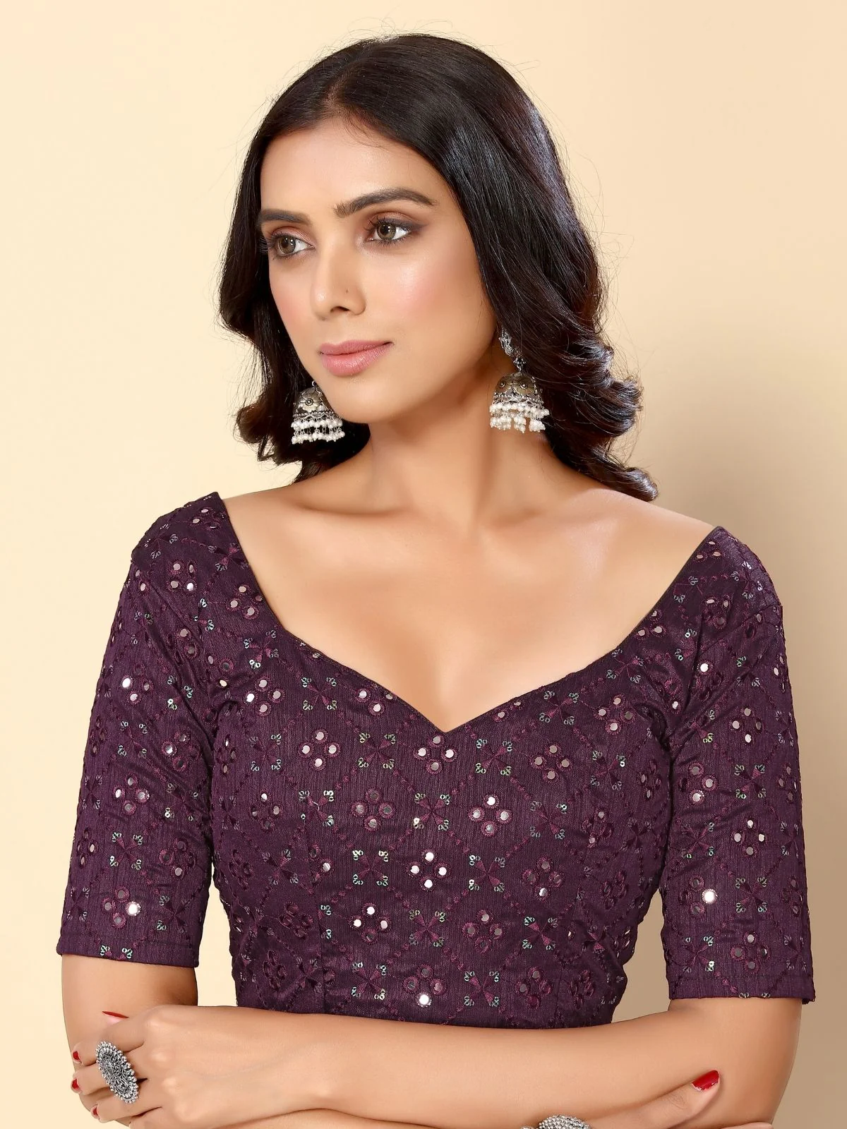 Odette Mauve Satin Embellished Saree With Unstitched Blouse For Women - Image 6